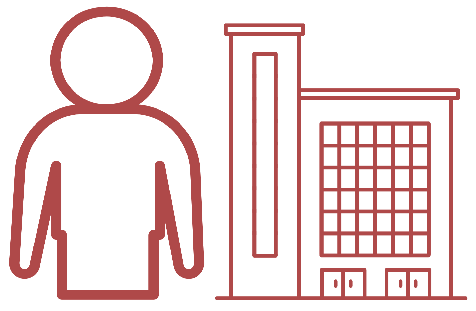 Outline drawing of a person standing next to a tall building with a grid of windows.
