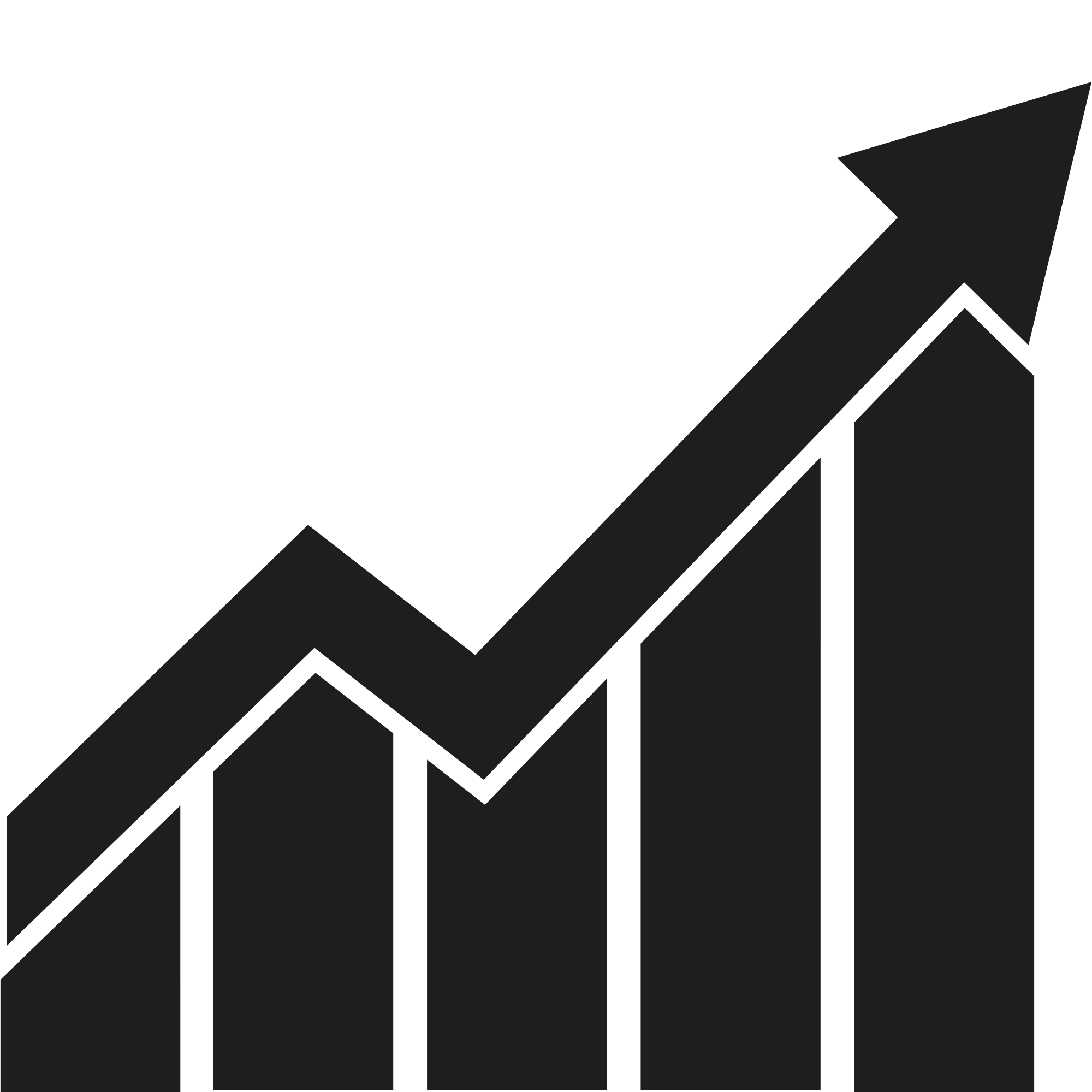 Black and gray bar chart with an upward trending arrow, representing growth or increase.
