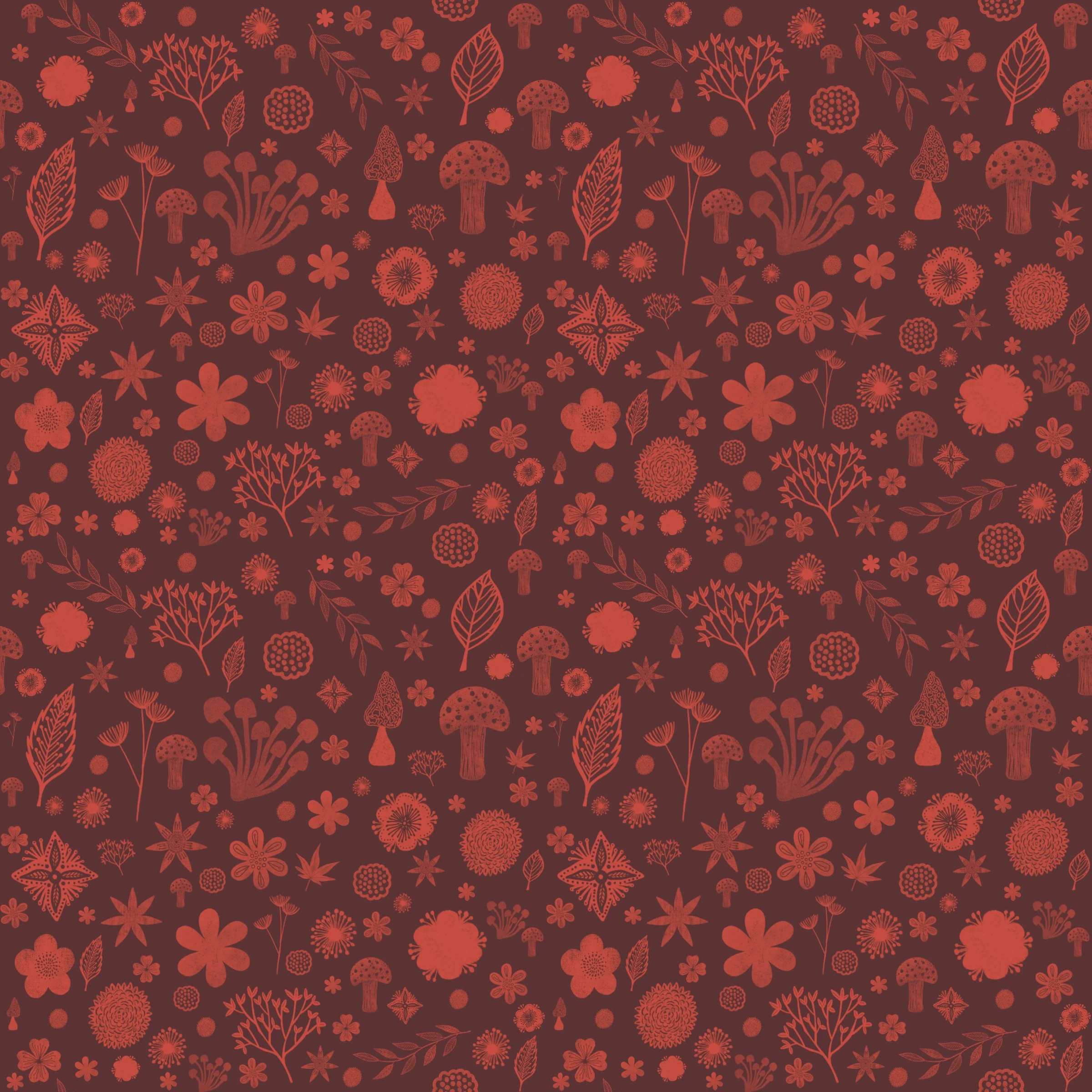 Pattern of various red floral and mushroom illustrations on a dark background.