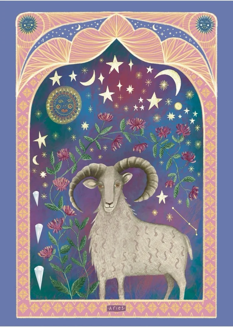 Astrological illustration of the Aries zodiac sign featuring a ram, celestial bodies, stars, moons, colorful flowers, and a decorative border.