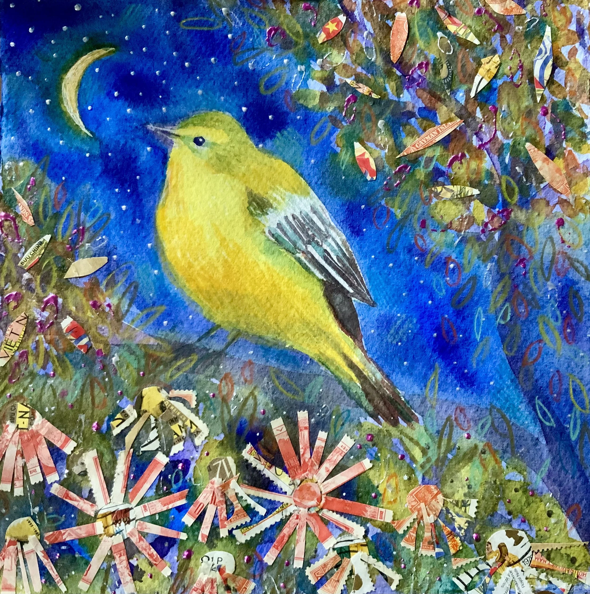 Watercolour painting of a yellow wagtail bird  perched on a branch at night, with a crescent moon and stars in the dark blue sky, surrounded by colourful foliage and collaged stamps and paper.