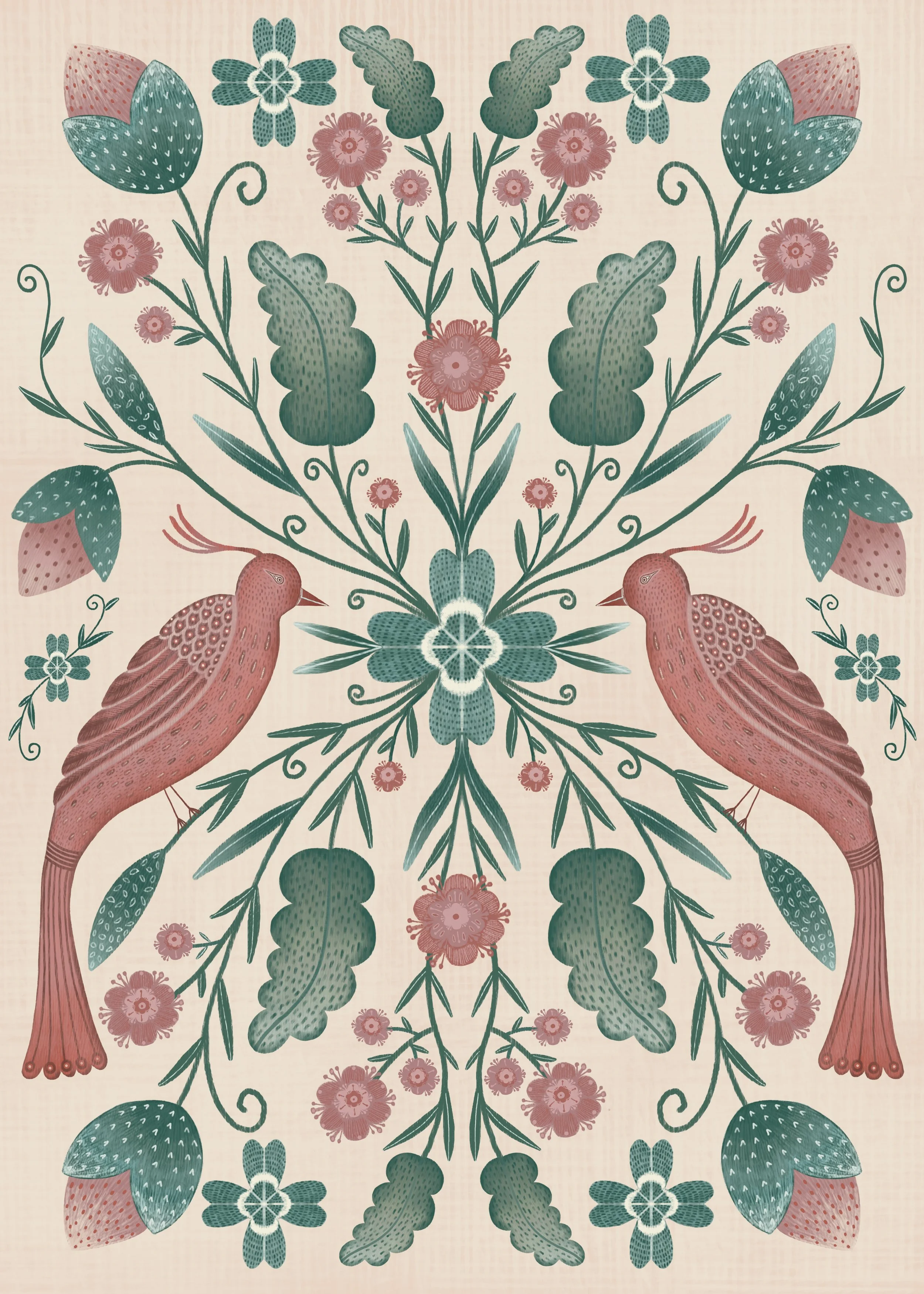 A symmetrical decorative illustration featuring two pink birds with patterned feathers, various green leaves, and pink flowers arranged in a balanced, mirror-image design. Inspired by William morris.