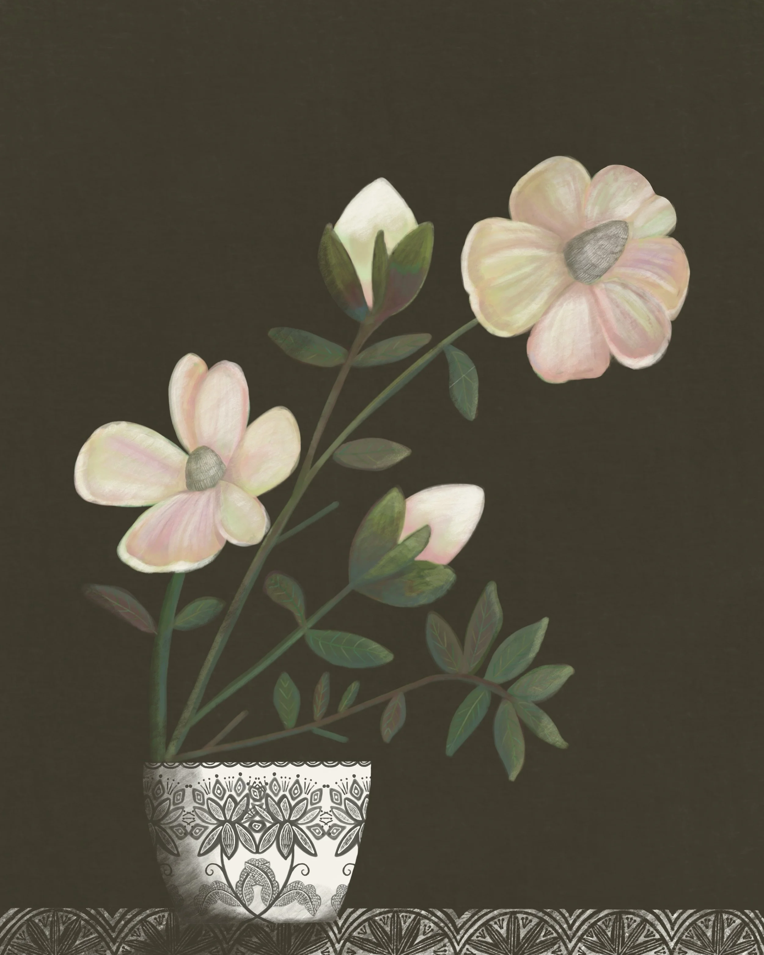 A painting of a potted plant with pink and white flowers and green leaves against a dark background.