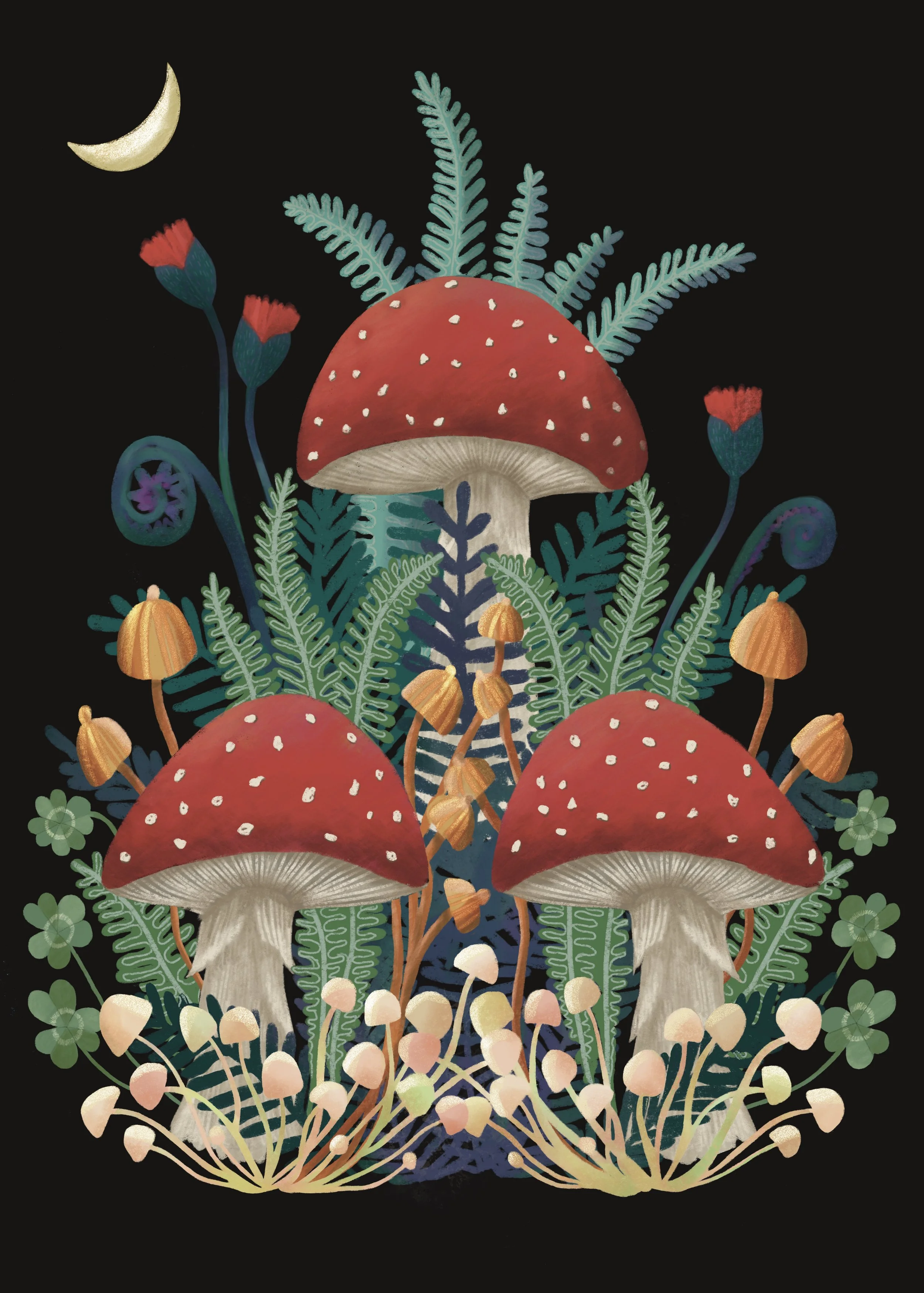 Illustration of three large red mushrooms with white spots surrounded by various smaller mushrooms, green ferns, and other plants against a black background, with a crescent moon in the top left corner.