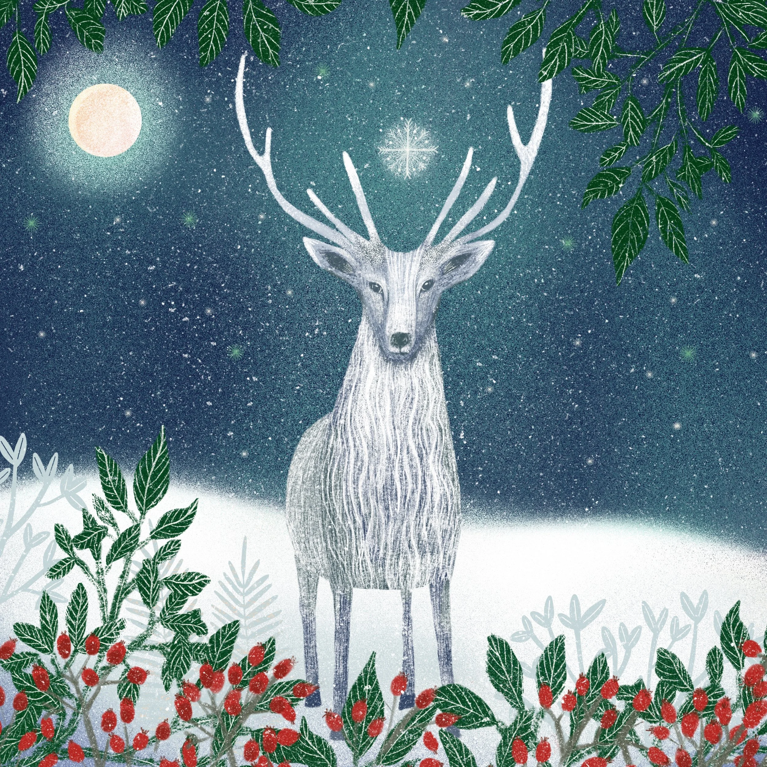 A snowy winter scene with a stylized white deer with large antlers, standing among holly branches with red berries and green leaves. The background depicts a starry night sky with a full moon.