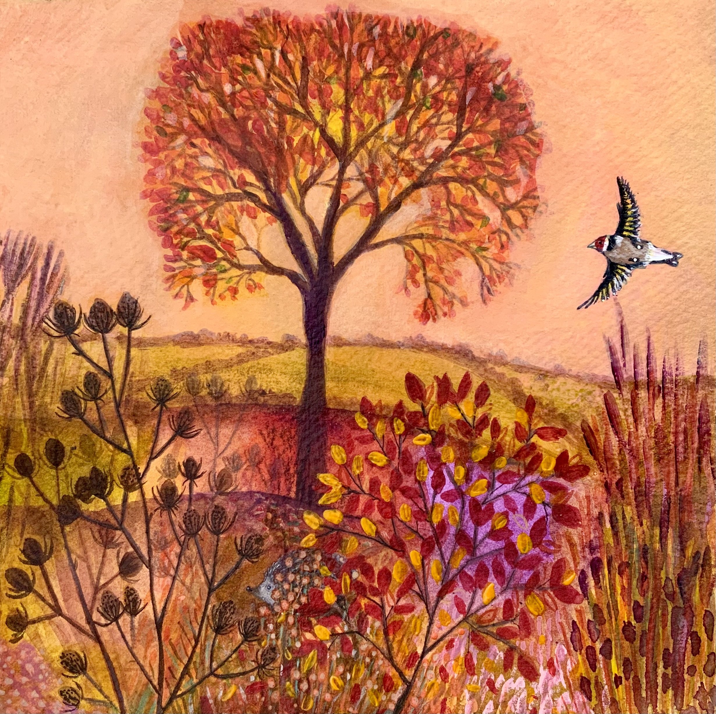 A colourful painting of an autumn landscape with a tree with red and yellow leaves, rolling hills, and various plants. A goldfinch is flying near the top right of the image.
