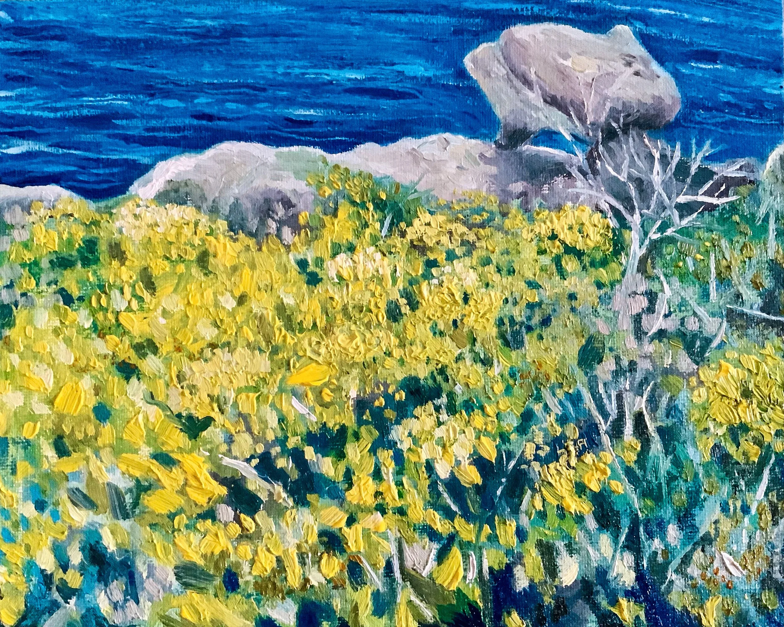 A landscape painting of a blue ocean view with yellow shrubbery, rocks, and trees in the foreground.