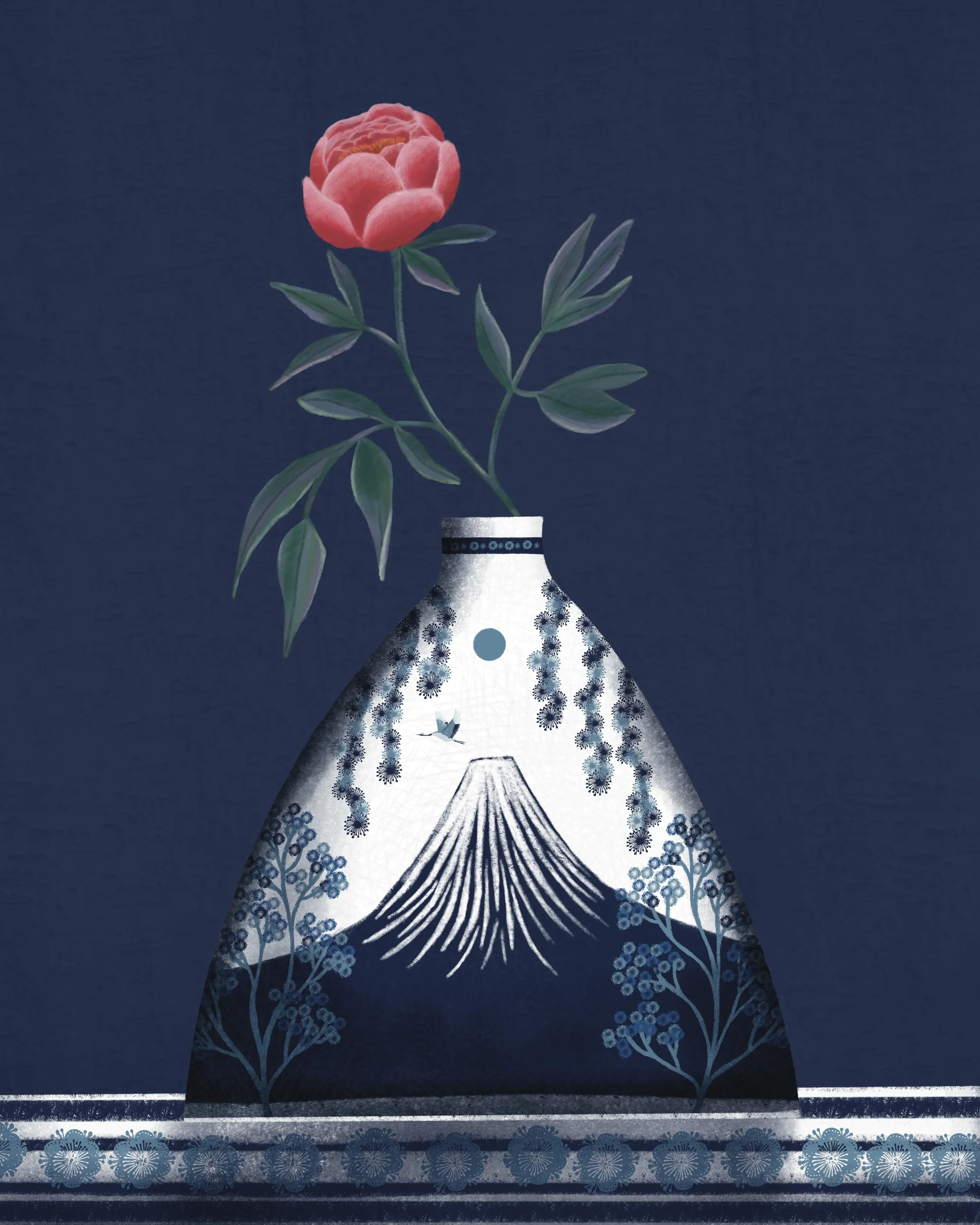 A floral illustration of a pink peony in a blue and white ceramic vase featuring Mount Fuji and surrounding trees, with a dark blue background.