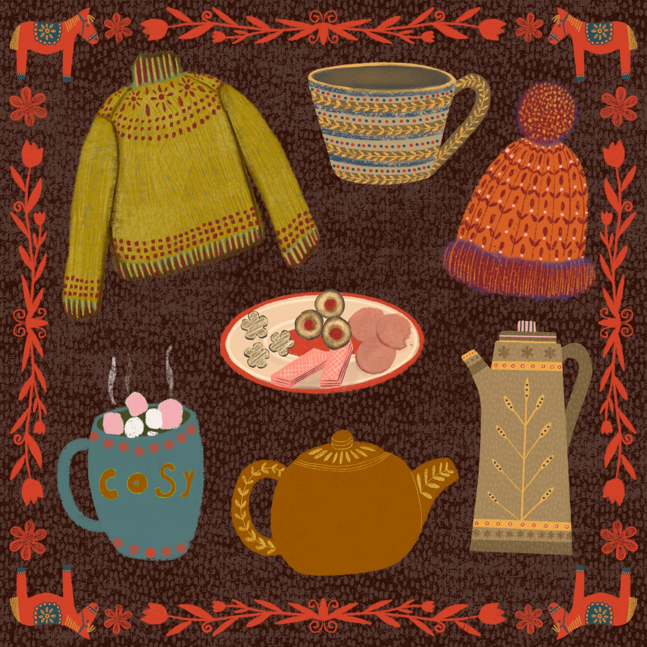 Colorful illustration of a cozy tea-time scene with a yellow sweater, a striped patterned cup, an orange knit hat with a pom-pom, a mug with marshmallows labeled 'Cozy,' a teapot, a plate of cookies, and a decorative border with horses and flowers. S