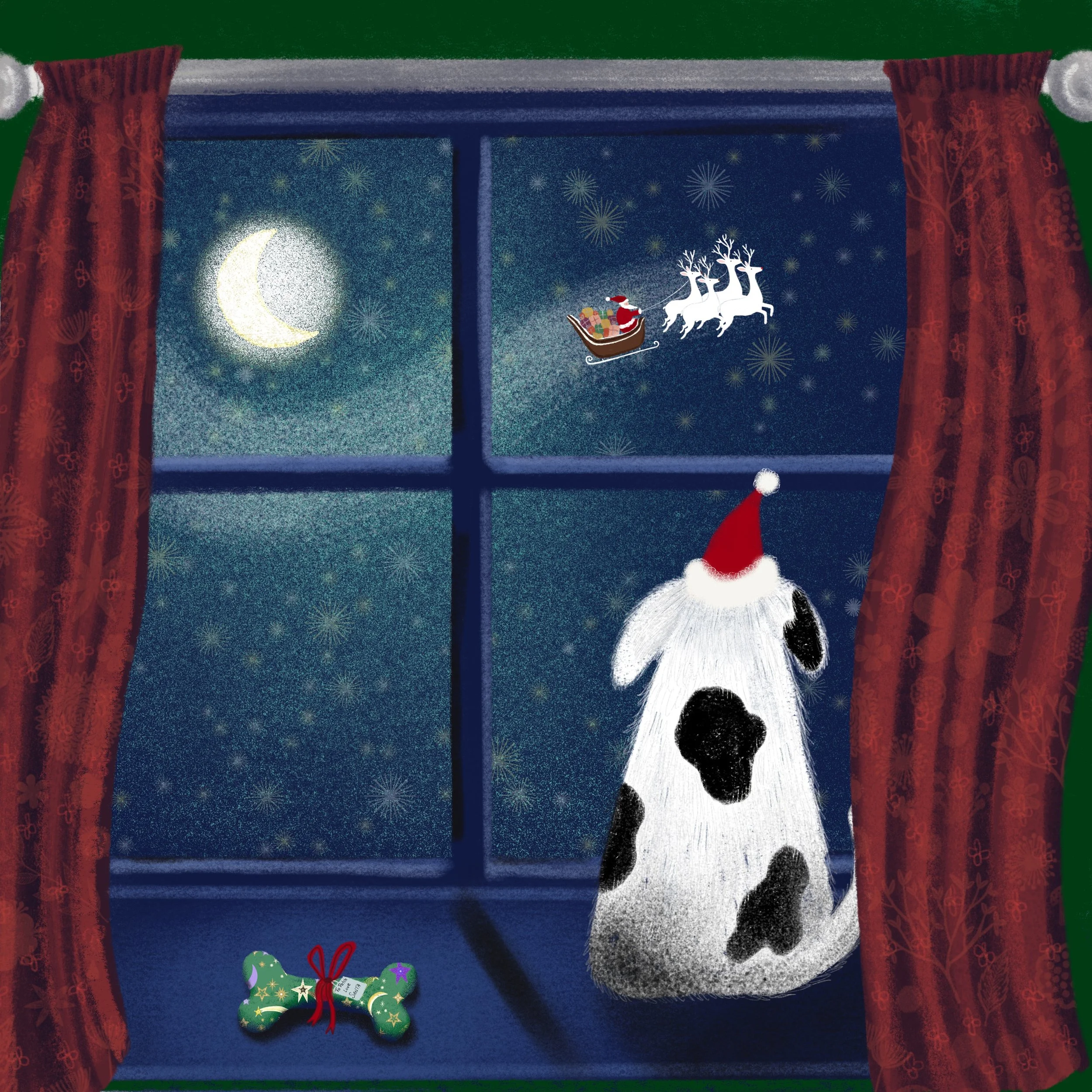 A black and white dog wearing a Santa hat sits by a window on Christmas Eve, gazing at Santa's sleigh flying in the moonlit sky with reindeer. A wrapped Christmas bone toy is on the windowsill, with red curtains framing the scene.