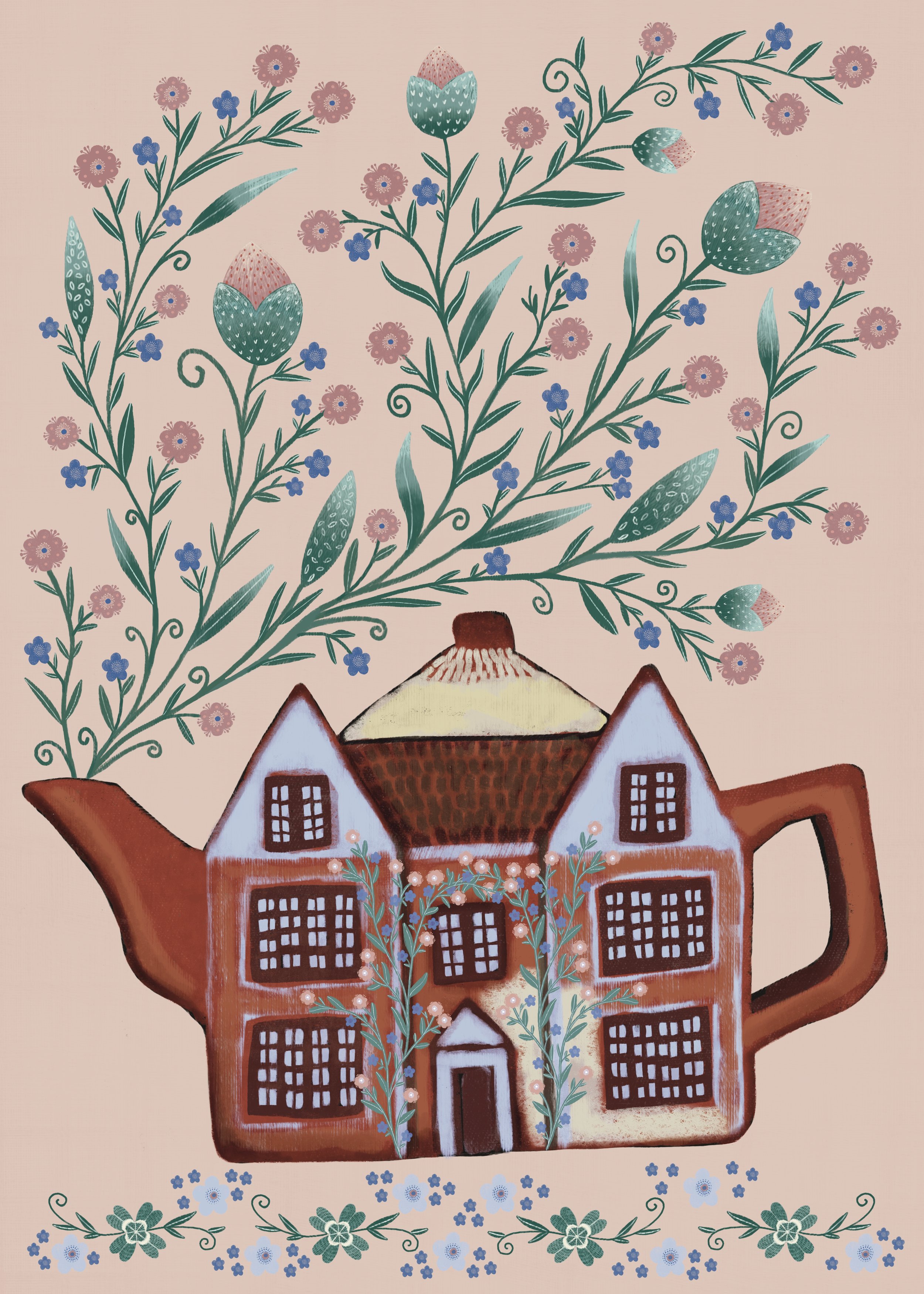 An illustration of a house shaped like a teapot with floral and plant decorations, a pink background, and a border of green and blue flowers.