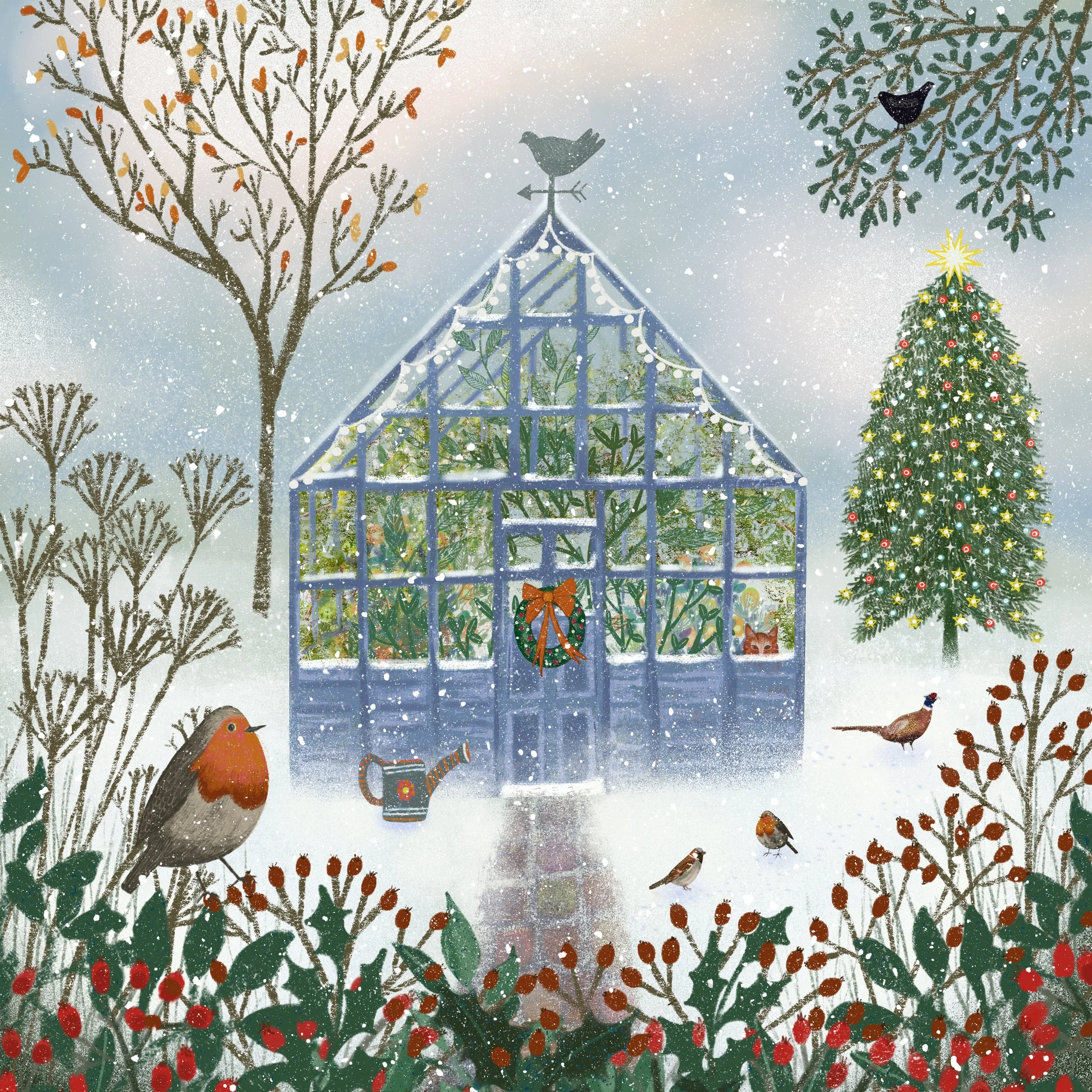 A snowy winter scene featuring a glass greenhouse adorned with a Christmas wreath, surrounded by trees and various birds, including robins. A Christmas tree decorated with lights and ornaments stands nearby, and a watering can rests on the snow-cover