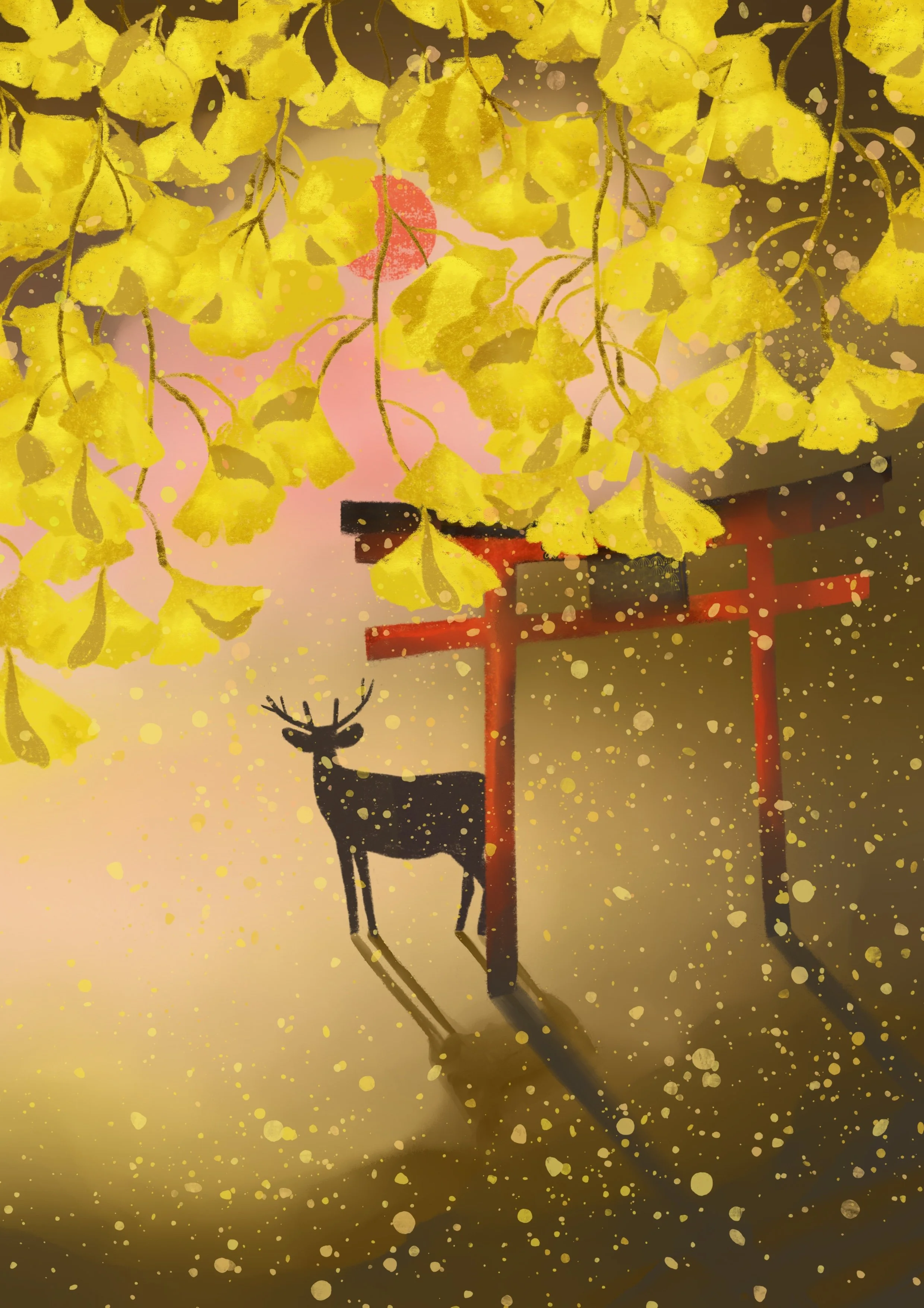 A decorative illustration featuring a silhouette of a deer standing next to a red torii gate, with yellow leaves hanging from above and gold splatters across the scene.