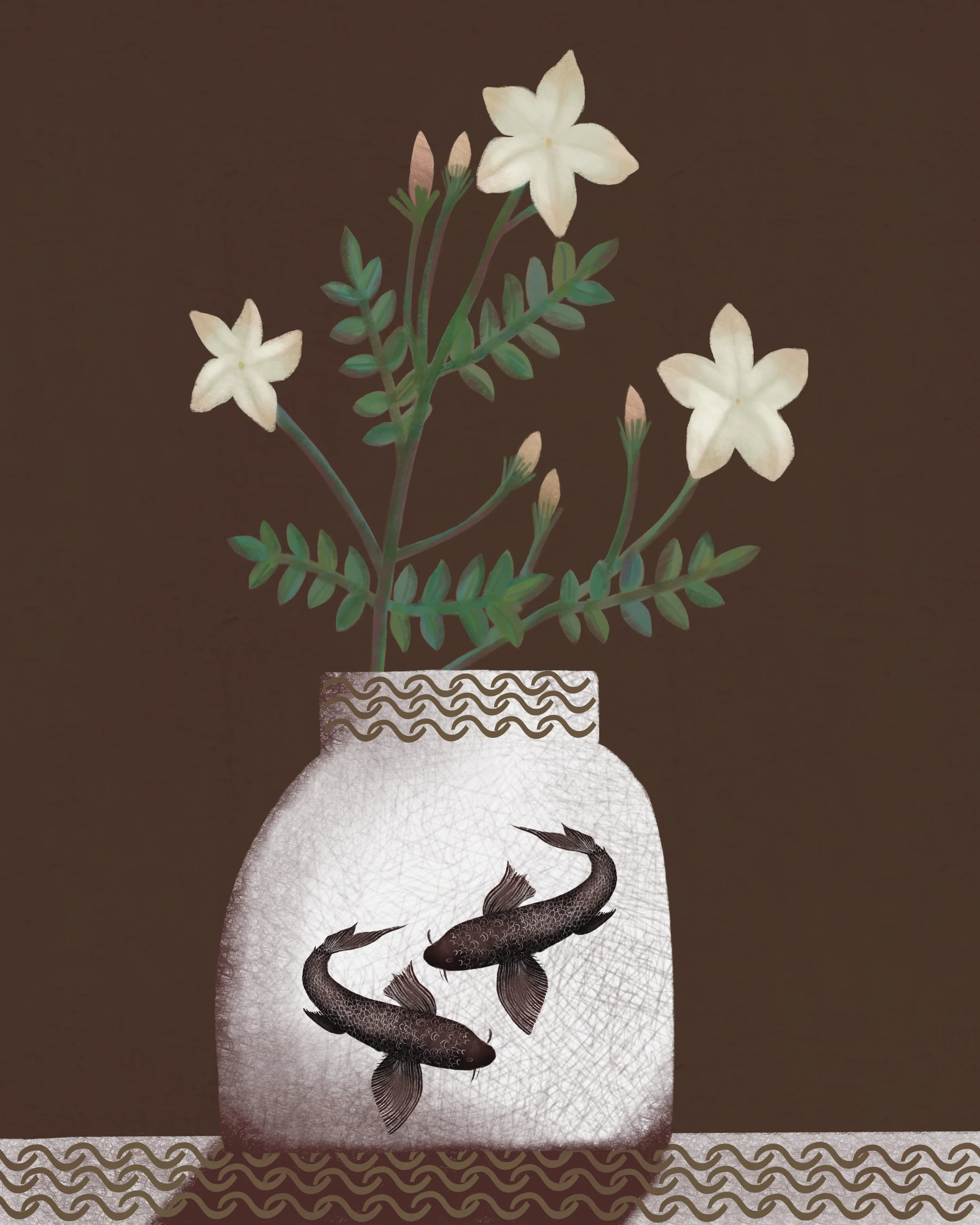 A decorative fishbowl with two black fish and green plant with white flowers on a brown background.