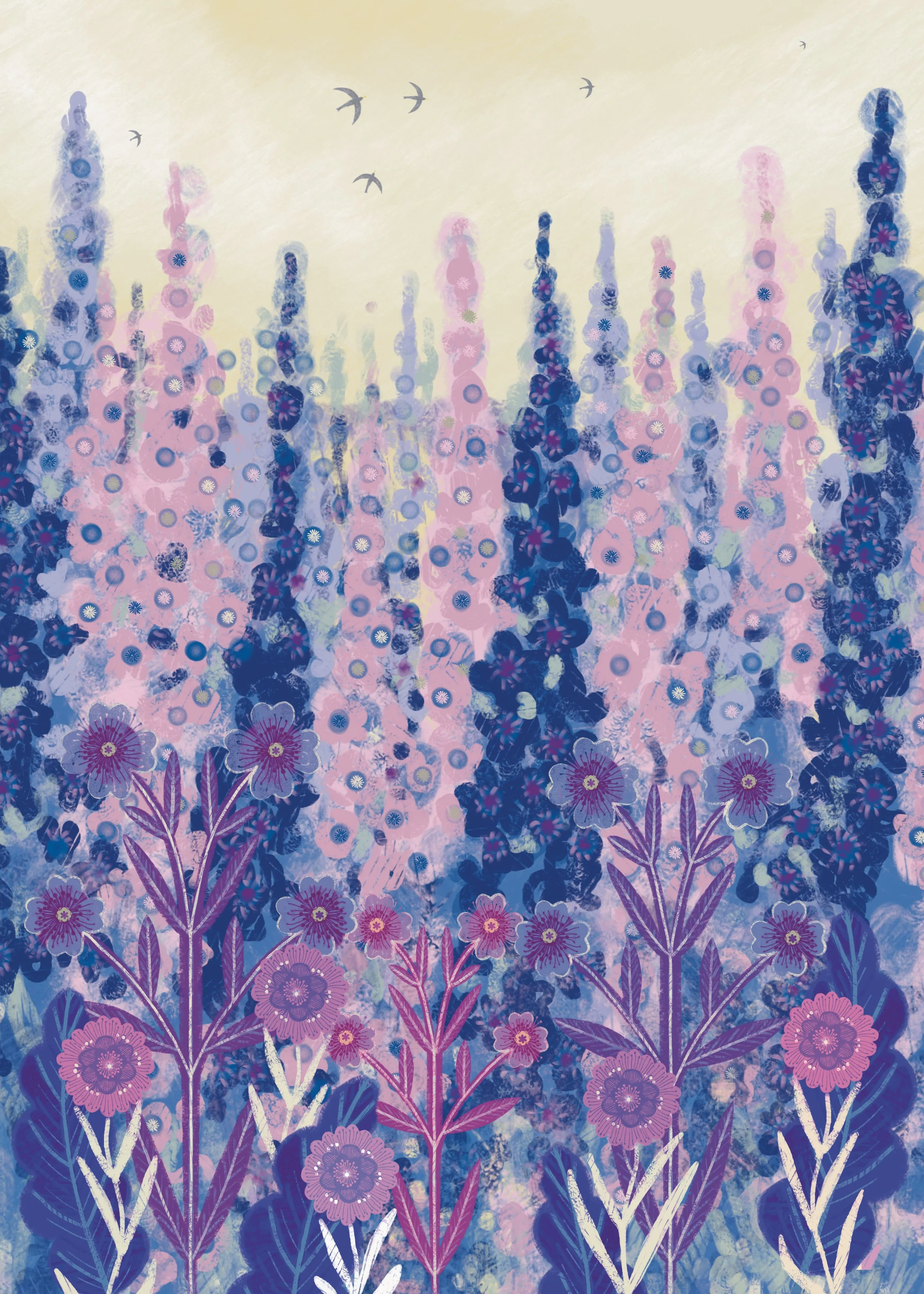 Digital painting of a lavender and pink lavender field with birds flying in the sky.
