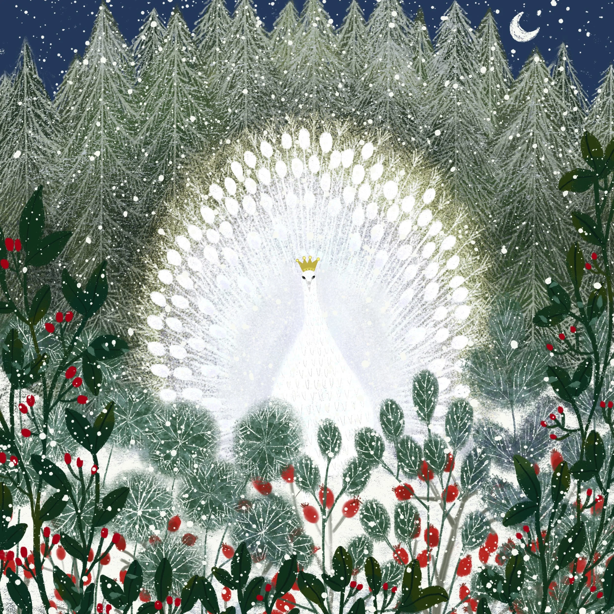 A white peacock with a golden crown on its head stands in a snowy forest at night, with its tail feathers fanned out behind it, creating an illuminated display surrounded by dark green trees and red berries, under a crescent moon and starry sky.