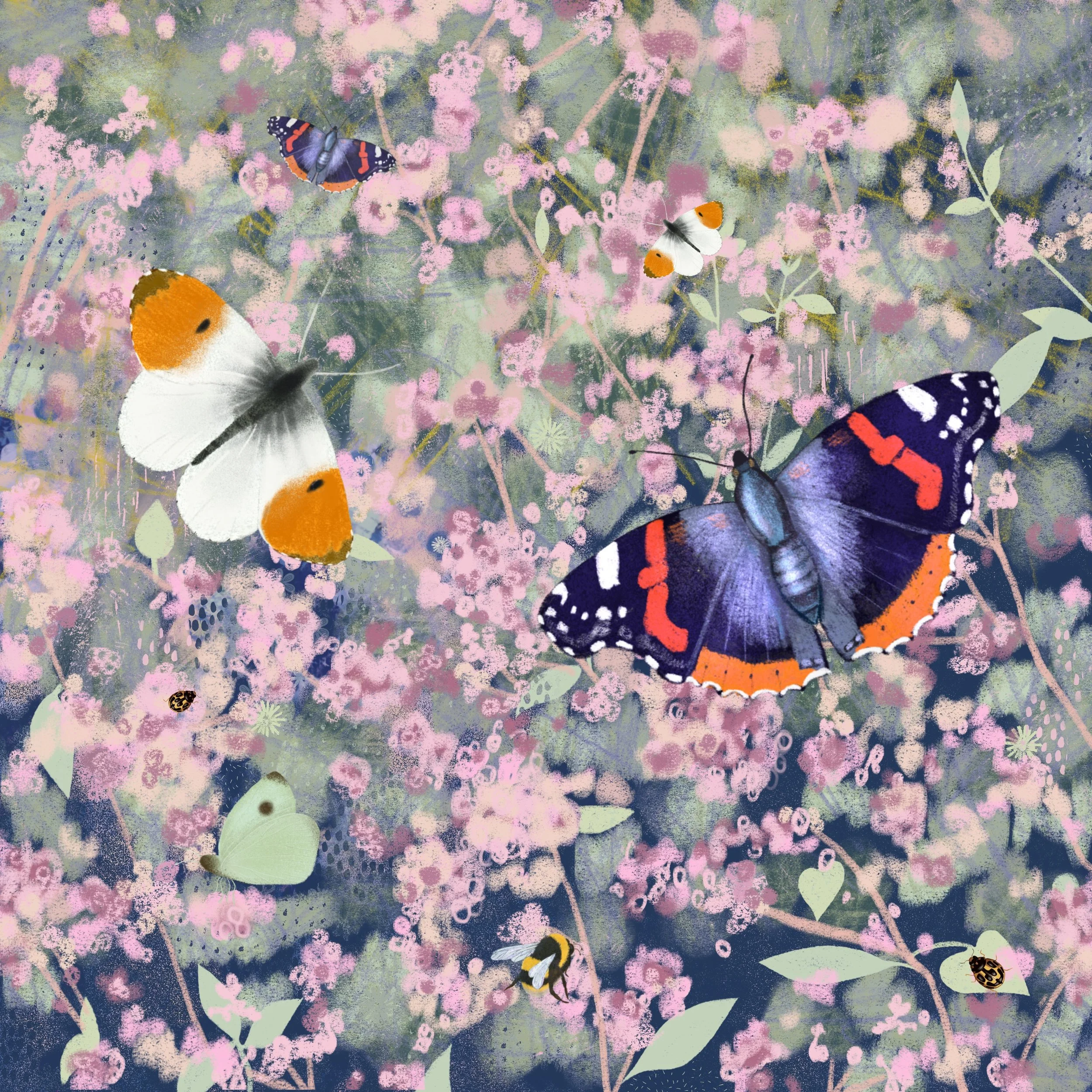 Painting of colorful butterflies and ladybugs flying over pink and green floral background.