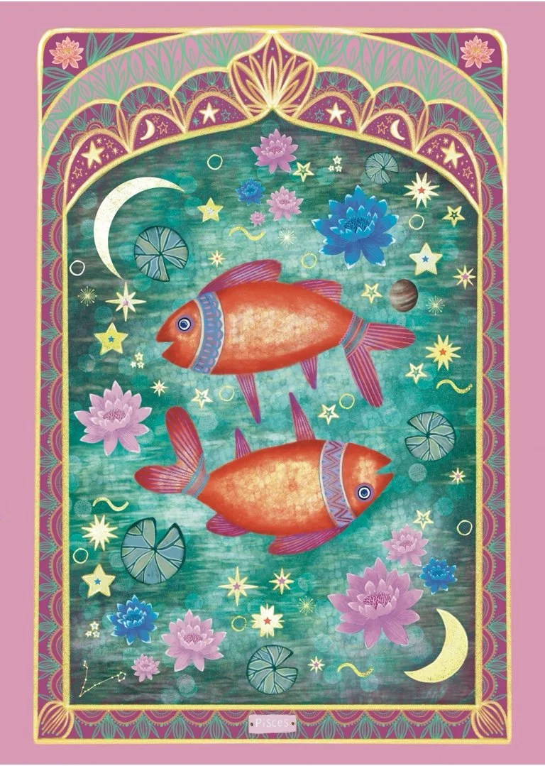 Illustration of two orange fish with decorative blue and purple accents, surrounded by lilies, stars, moons, and celestial symbols, set against a green aquatic background with an ornate border. The image is labeled "Pisces" at the bottom.