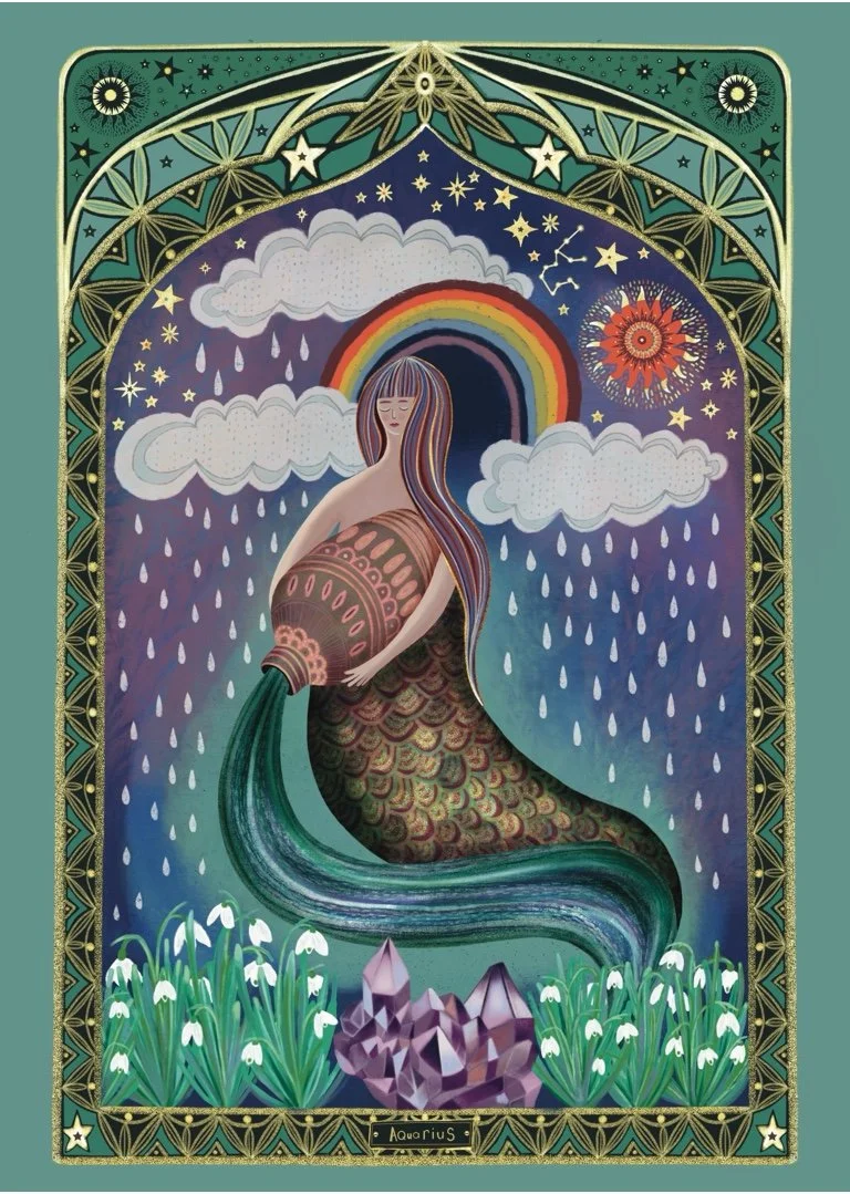 A mystical mermaid with long, wavy hair holding an ornate urn, from which water pours out and turns into a stream. She is surrounded by rainclouds, rain, a rainbow, stars, a crescent moon, and a sun, all set within an ornate, decorative border.