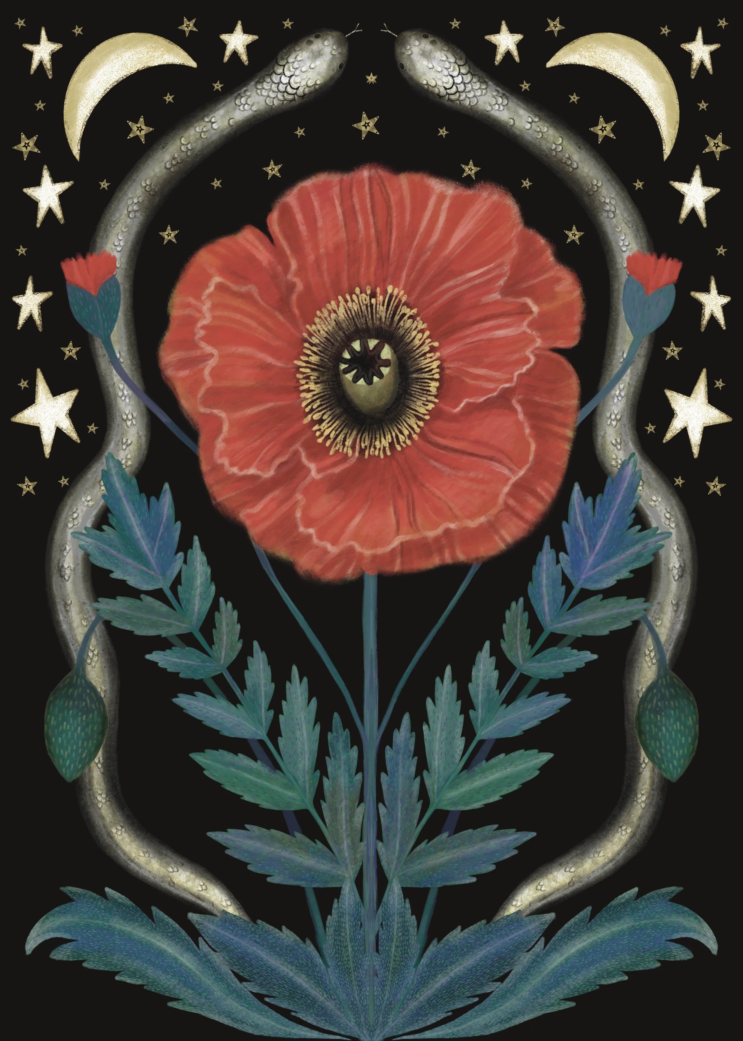 A painting featuring a large red poppy flower at the center, surrounded by blue-green leaves, with two snakes forming a heart shape around the flower. The background is black with stars and crescent moons.