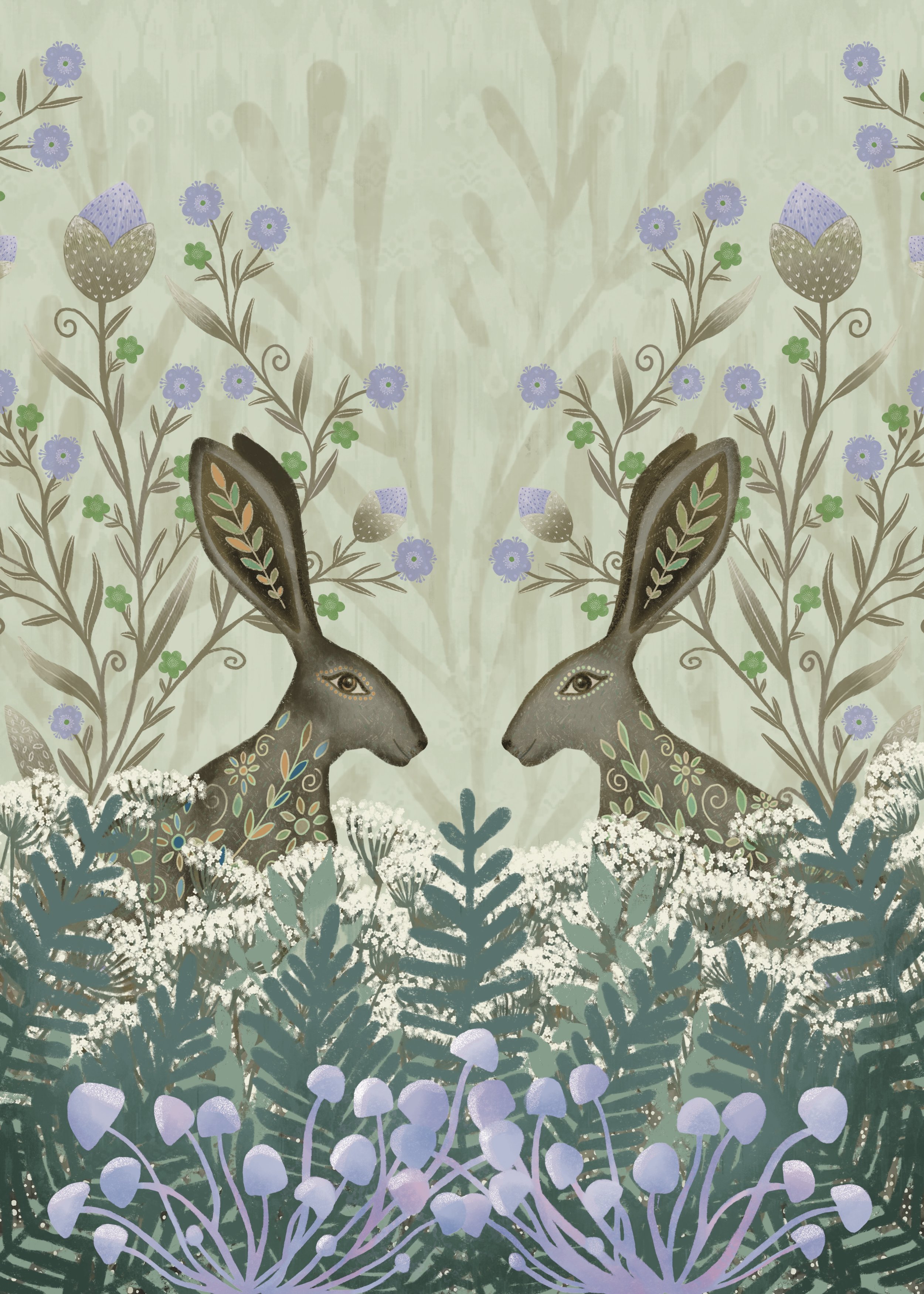 Illustration of two stylized rabbits with floral and leafy details on their bodies, facing each other amid lush greenery and purple flowers, with a light green background.