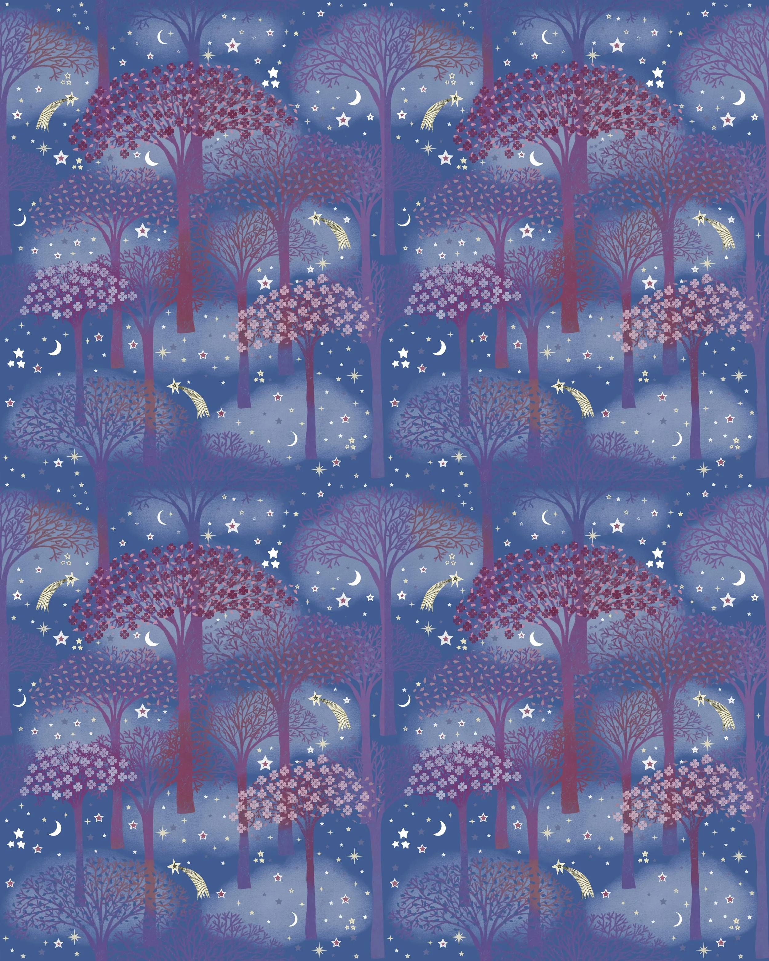 A repeating pattern of stylized trees with purple and pink leaves against a night sky filled with stars, crescent moons, shooting stars, and clouds.