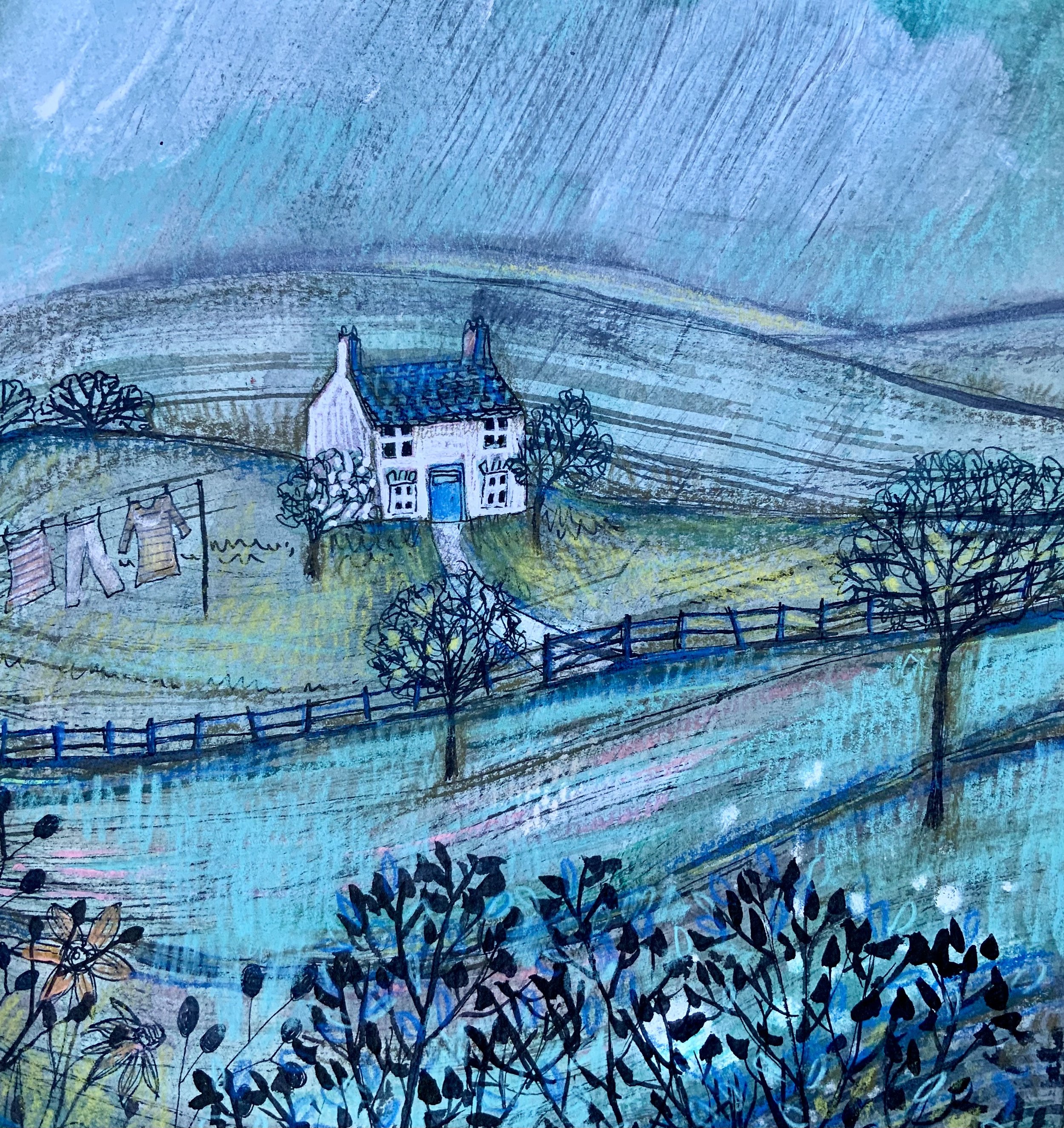 A watercolour illustration of a countryside scene with a white house, blue door, surrounded by trees and a fence, with rolling hills in the background under a blue sky.