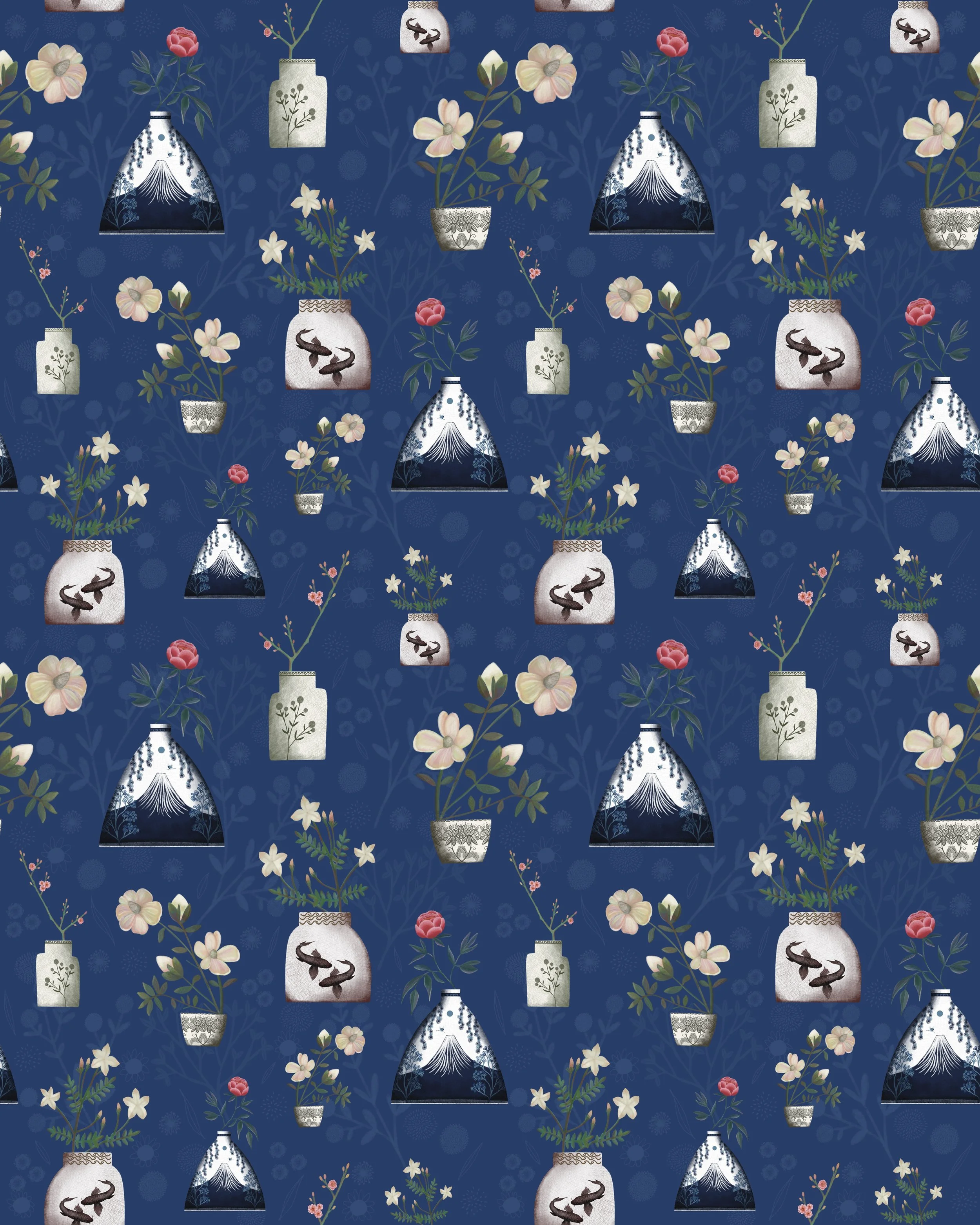 Pattern of various vases with flowers and fish against a dark blue background.