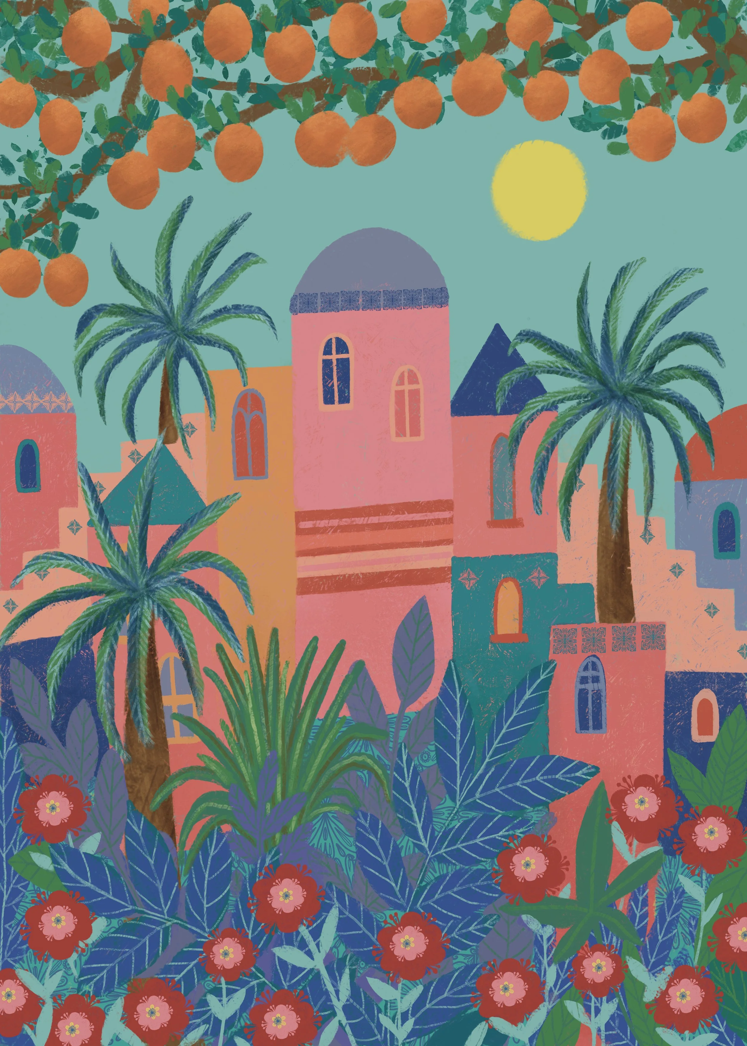 Colorful digital illustration of a desert scene with pink and orange buildings, palm trees, lush green and purple foliage, orange fruit trees, and a yellow sun in the sky.
