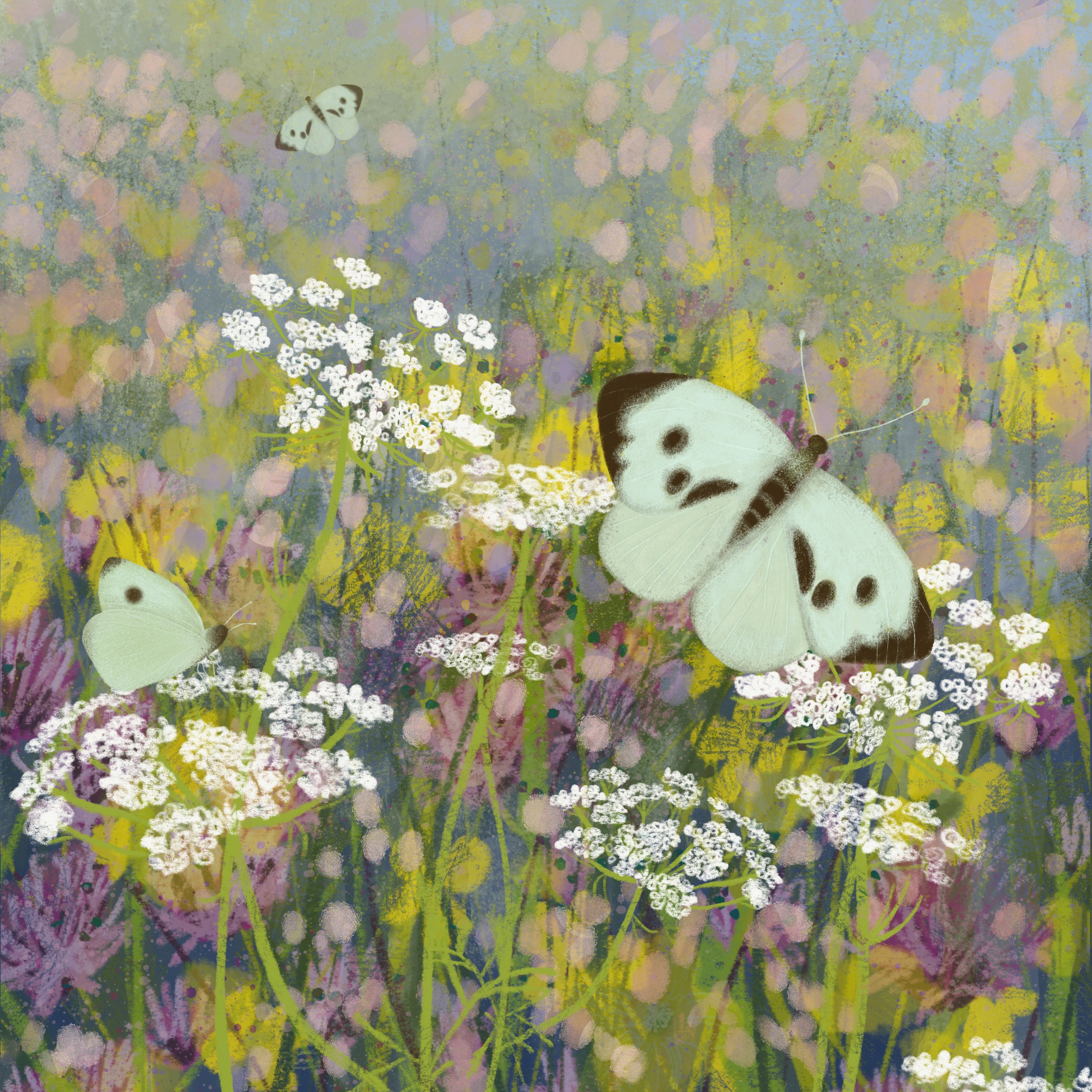 Illustration of white butterflies with black spots on white and black dotted flowers and a colorful, abstract background.