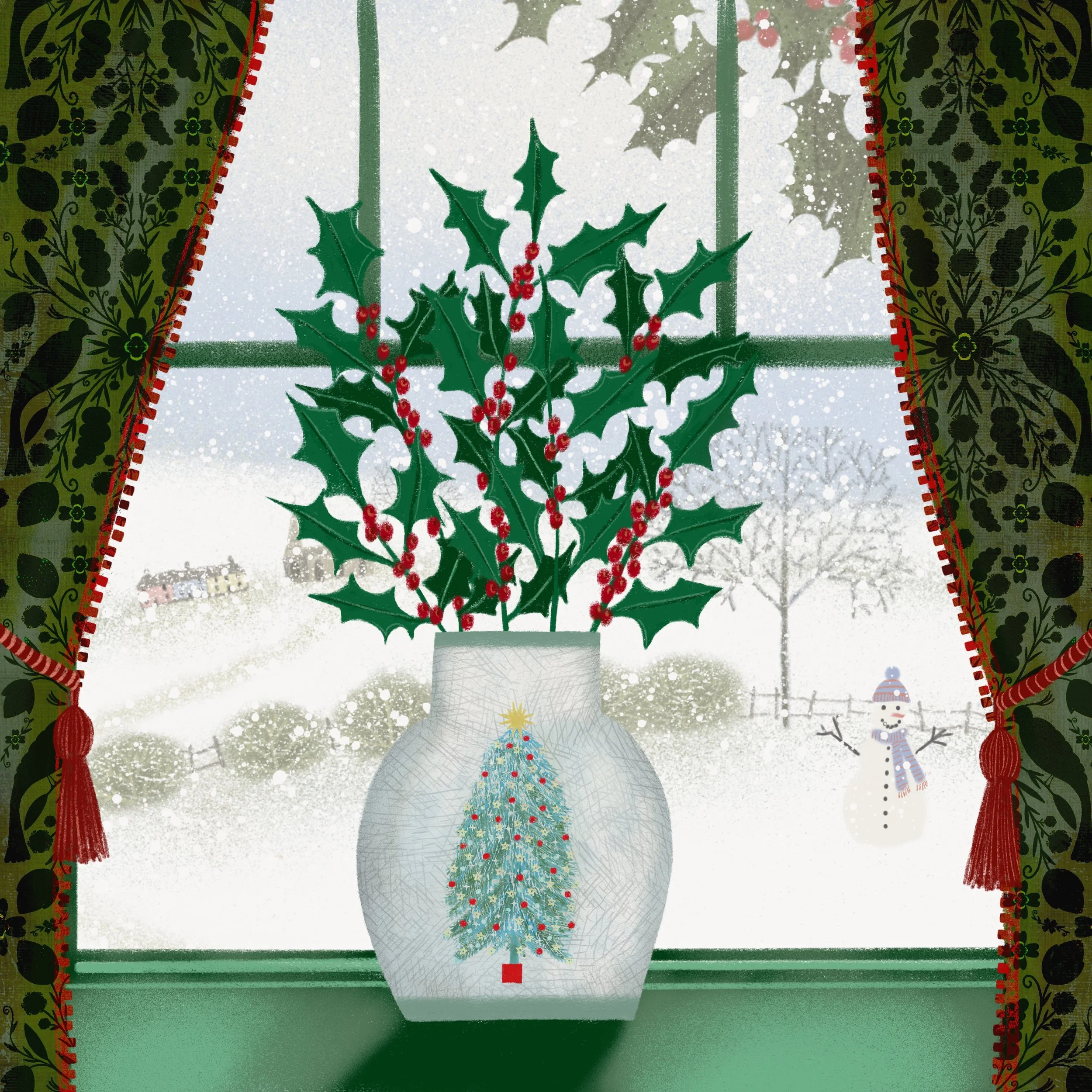 A window with Christmas curtains, showing a snowy outdoor scene with a snowman and trees. Inside, a vase with holly and red berries, with a Christmas tree design on it, is placed on the windowsill.