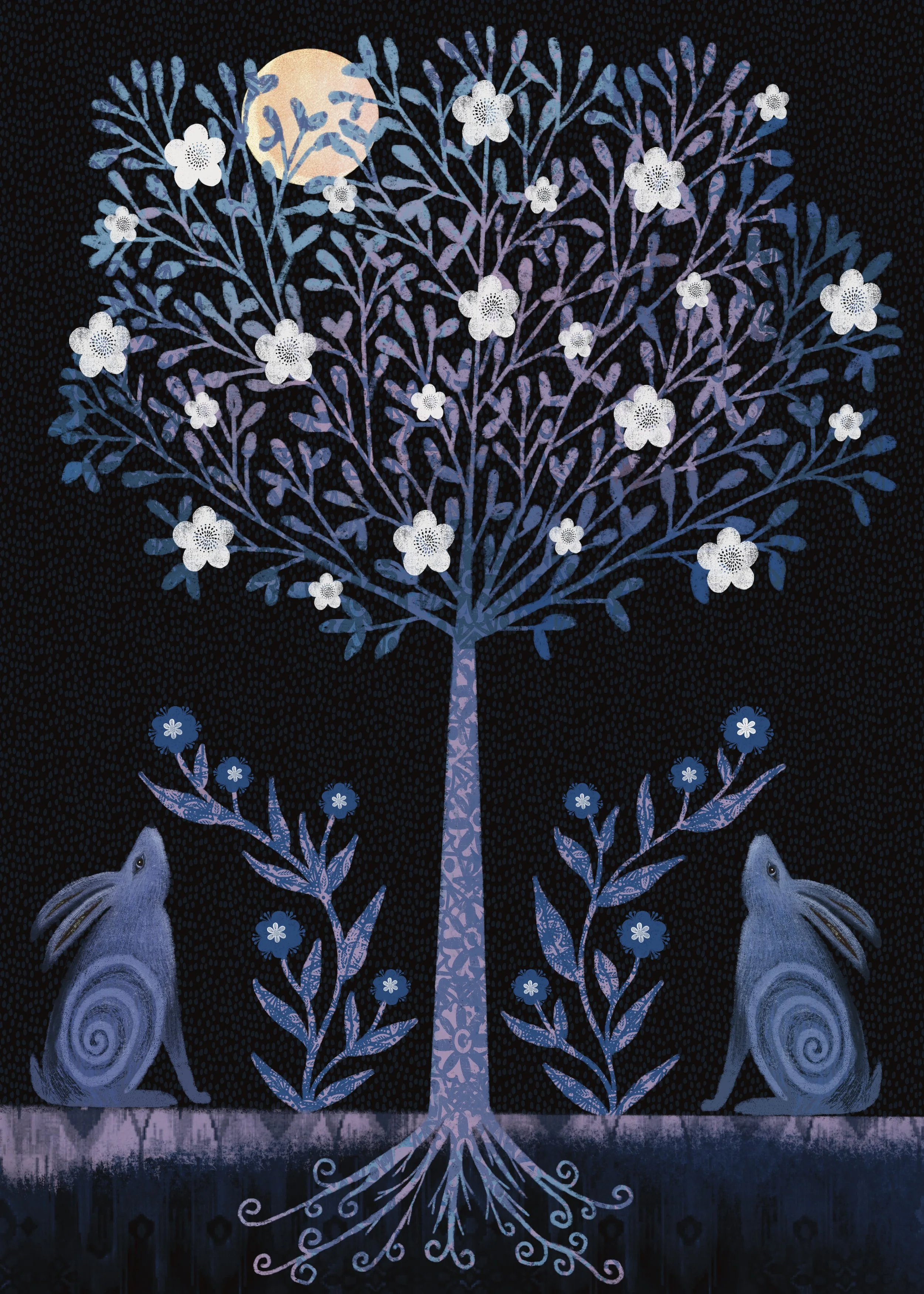 A stylized illustration of a tree with white blossoms and blue leaves, flanked by two blue rabbits sitting on opposite sides, with a full moon in the background and a dark starry sky.