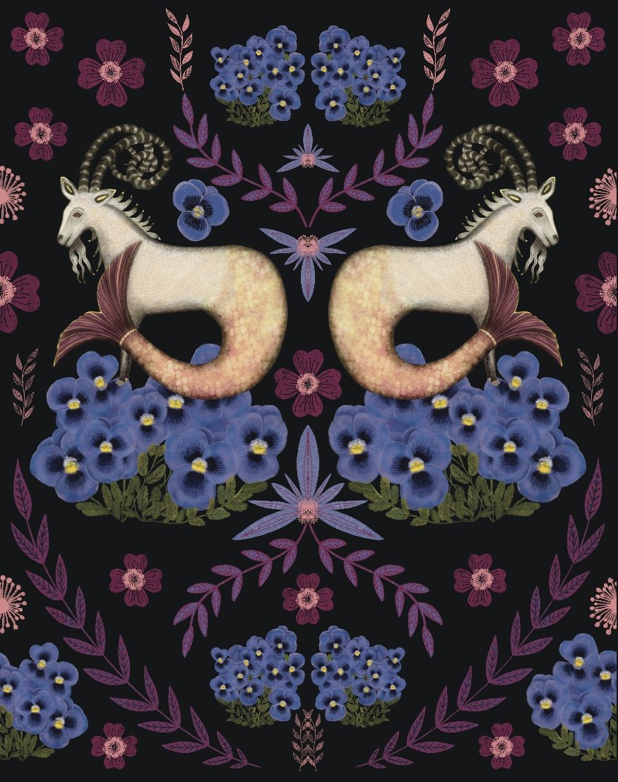 A symmetrical pattern featuring the Zodiac sign of Capricorn, surrounded by blue pansies and pink flowers and purple leaves on a black background.