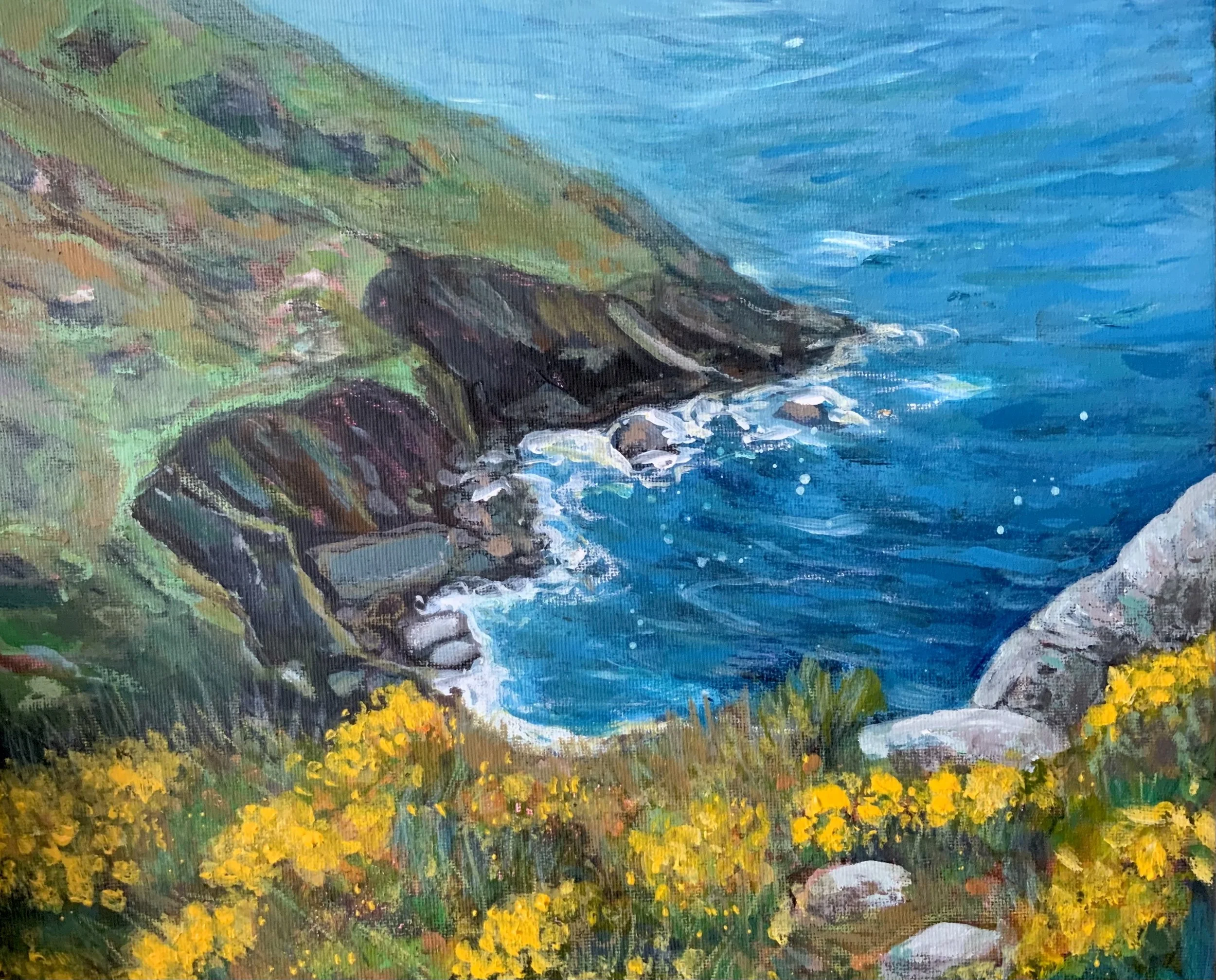 A painting of a coastal landscape with yellow flowers in the foreground, rocky cliffs, green grass, and blue ocean water with waves.