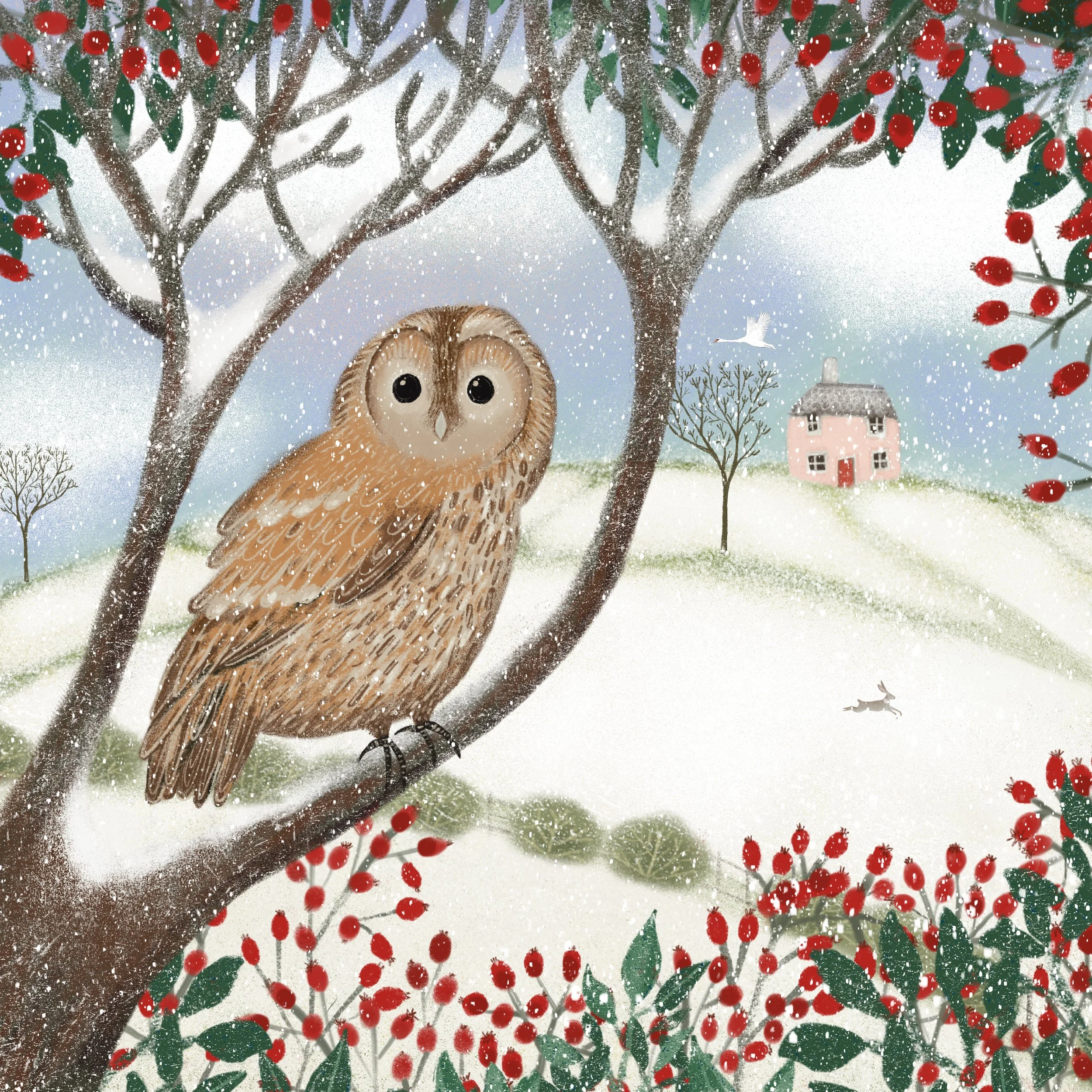 A whimsical winter scene with an owl perched in a tree surrounded by red berries and snow, a small house in the background, and a snow-covered landscape.