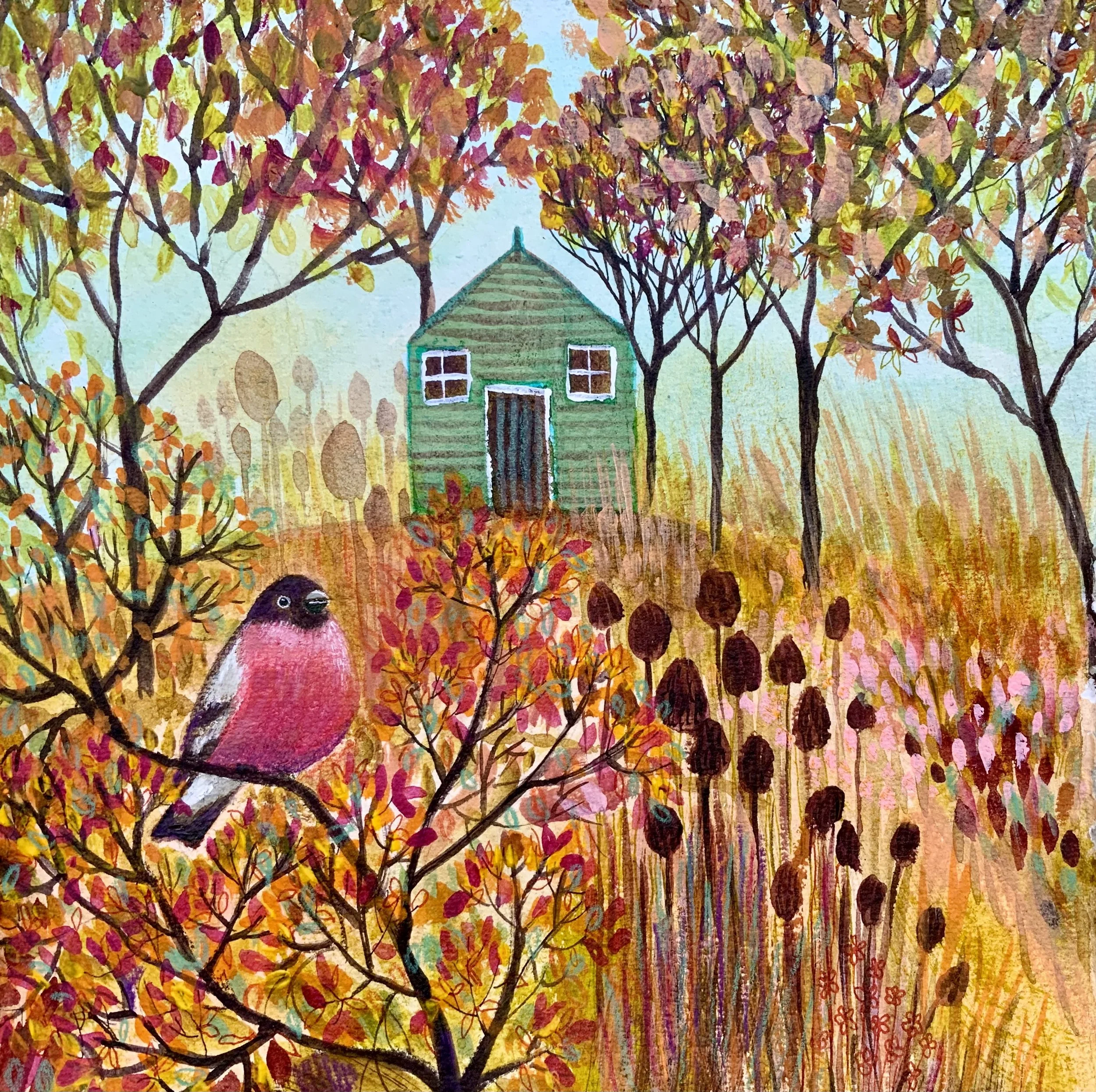 Colorful watercolour painting of a rural scene with a small green garden shed in the background, surrounded by trees with autumn-colored leaves. A bullfinch is perched on a branch in the foreground.