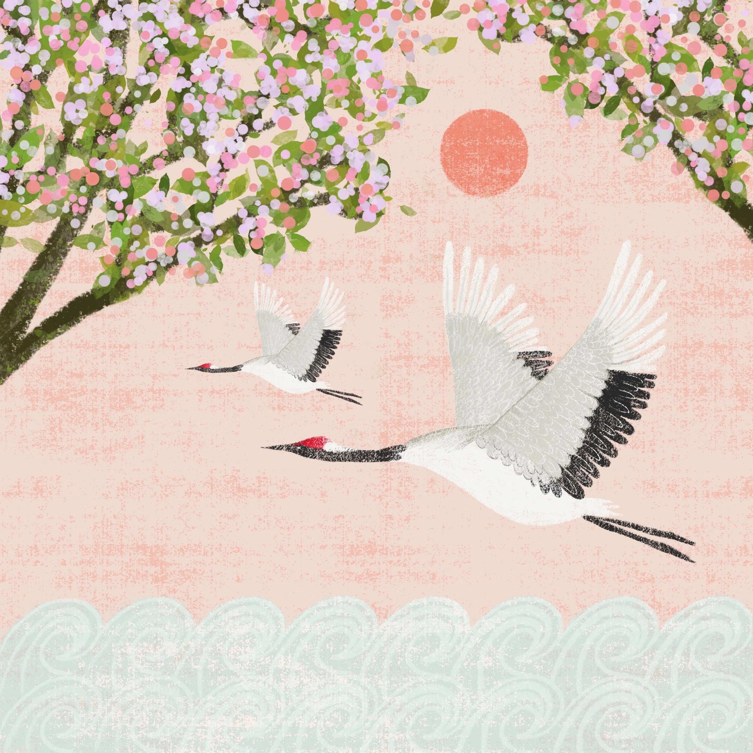 Two cranes flying under cherry blossom trees with pink petals, a pink sun in the sky, and stylized waves at the bottom.