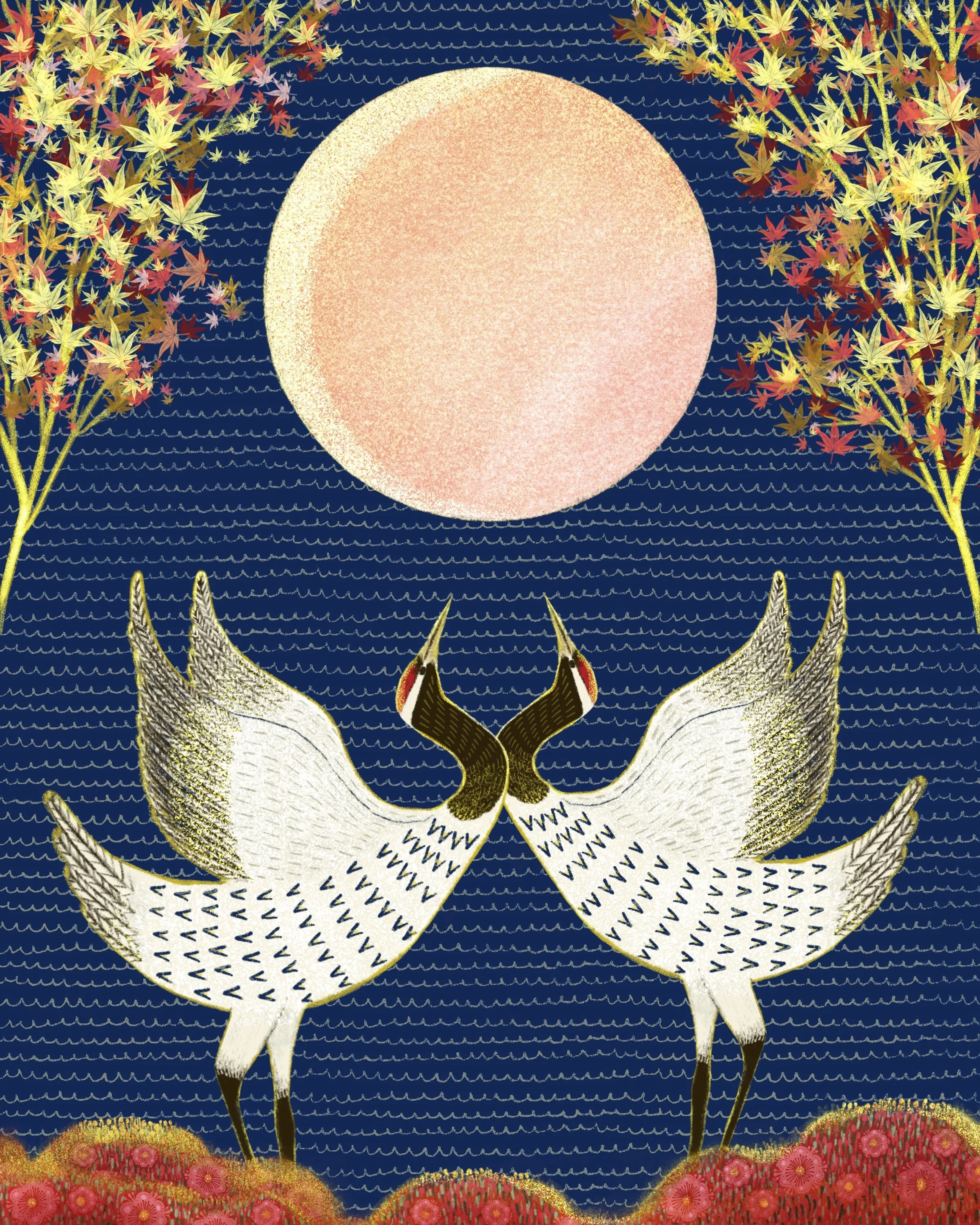 Two cranes with black and white bodies and red crowns, standing on pink and red flowering bushes under a large full moon in a dark blue sky with gold and red trees on either side.