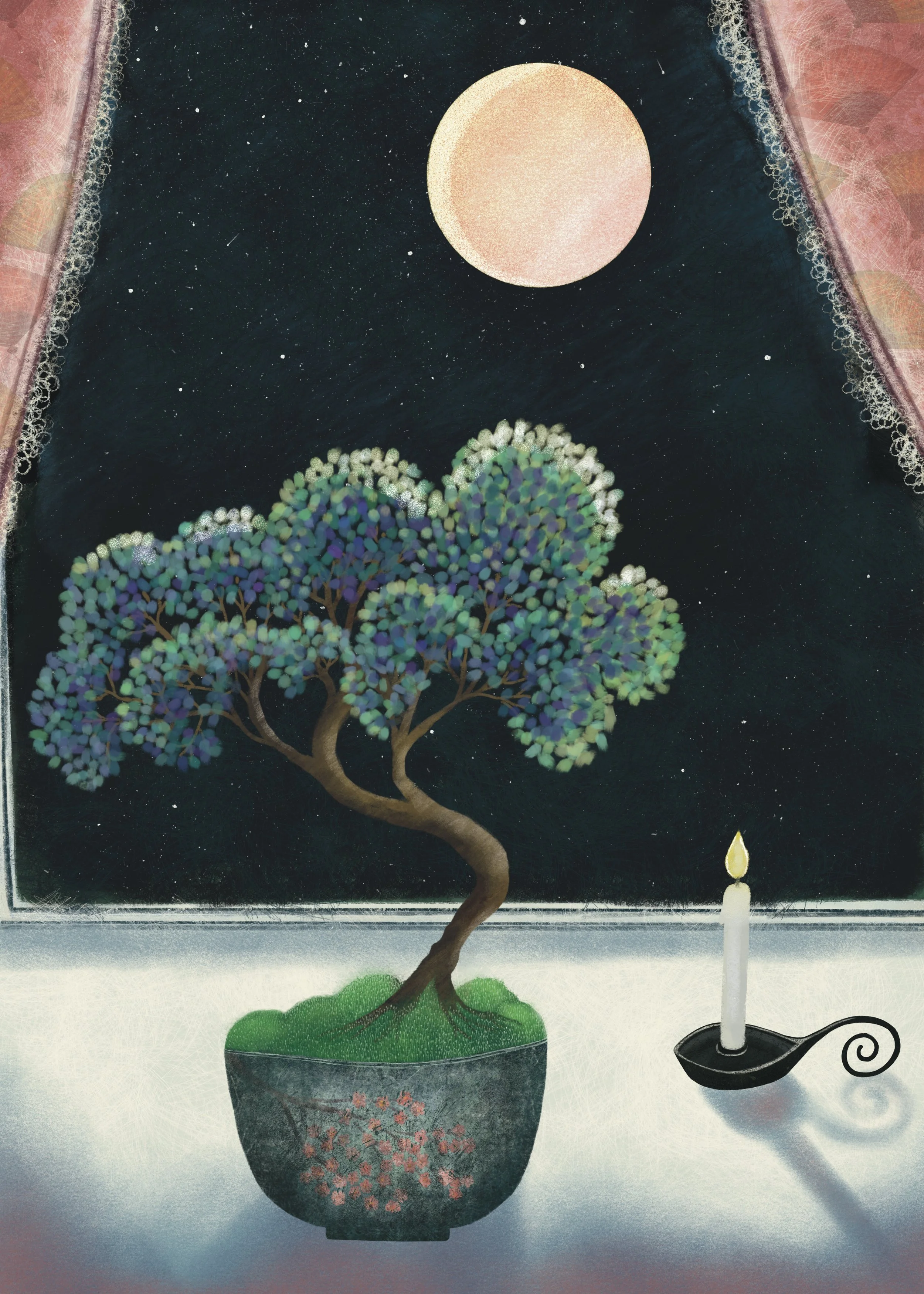 A painting of a potted tree with a twisted trunk and colorful leaves, a lit candle on a black holder, and a dark sky with a large pinkish moon viewed through a window with pink curtains.