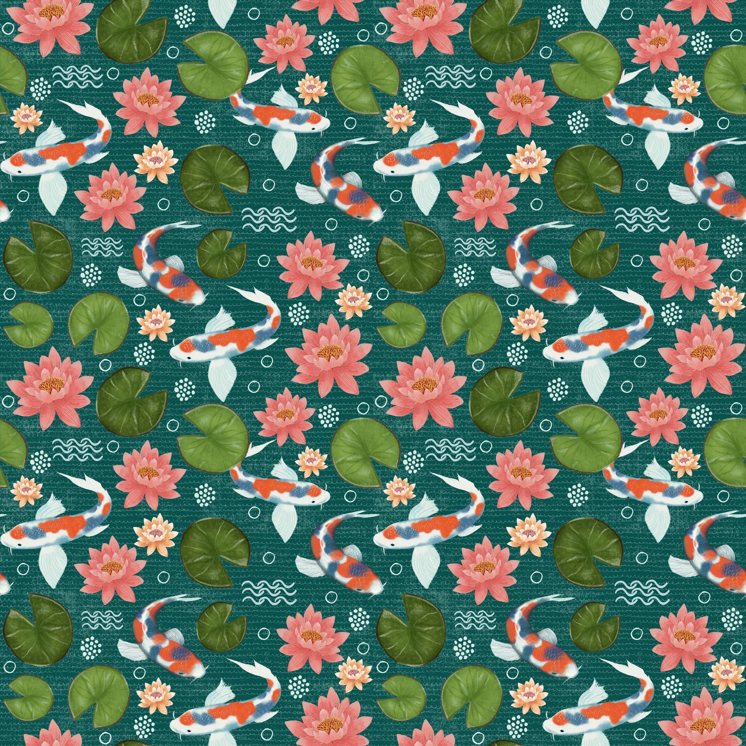 Pattern featuring colorful koi fish swimming among pink water lilies and green lily pads on a teal pond background.
