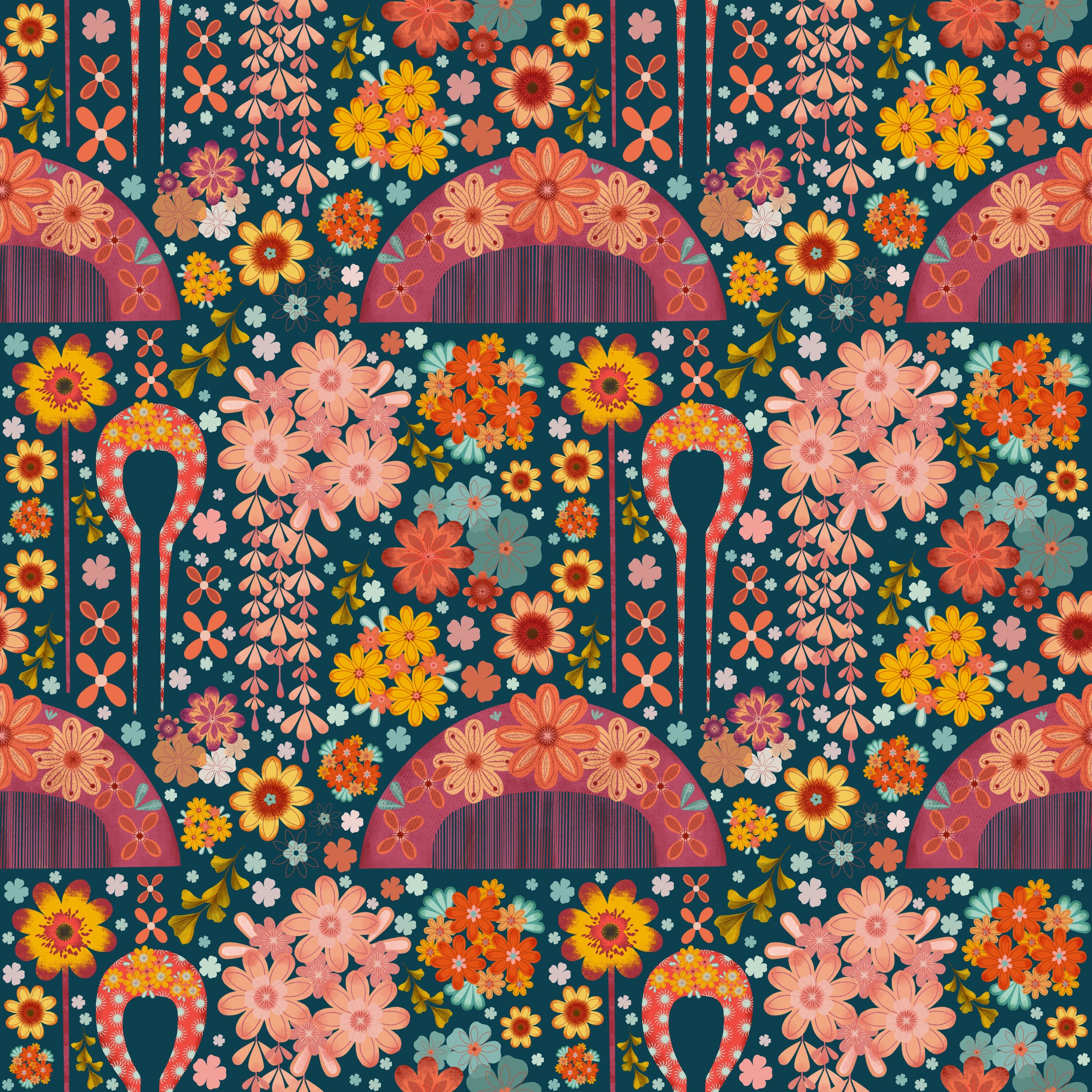 A repeating pattern with pink floral Kanzashi hair ornaments, orange, yellow, and blue flowers, on a dark background.