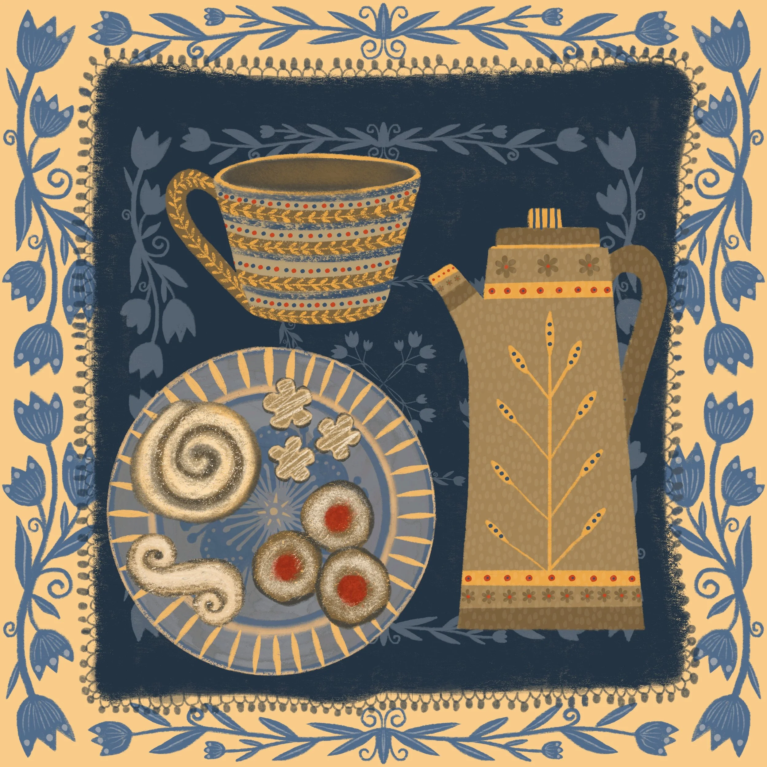 A decorative set of a teacup, a teapot, and a plate of cookies with a floral patterned border and background, all in a blue, gold, and beige color scheme.