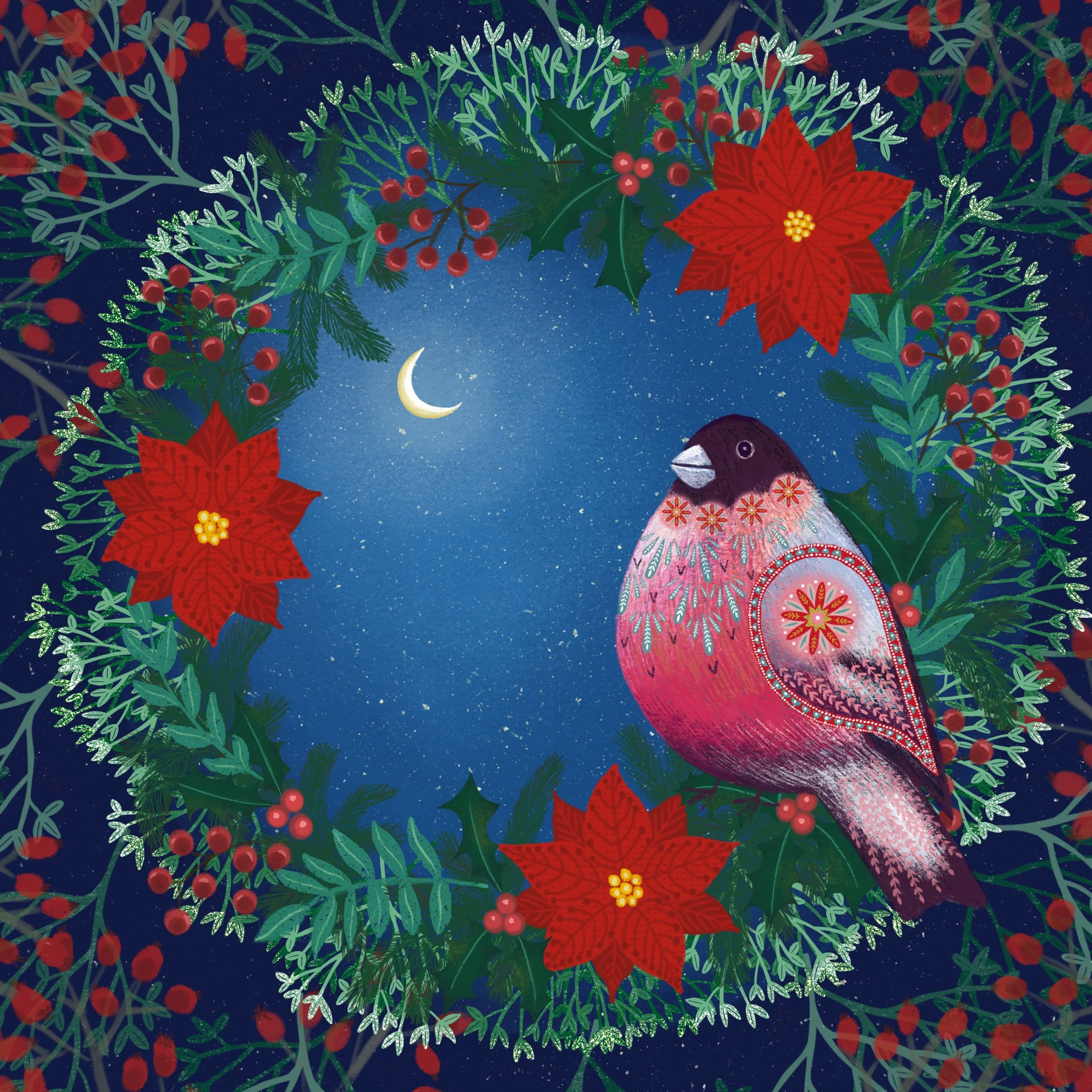 A festive winter scene featuring a wreath made of green pine, holly leaves, and red berries, decorated with red poinsettia flowers. Inside the wreath, a pink and purple bird with intricate floral and snowflake patterns on its feathers sits against a 