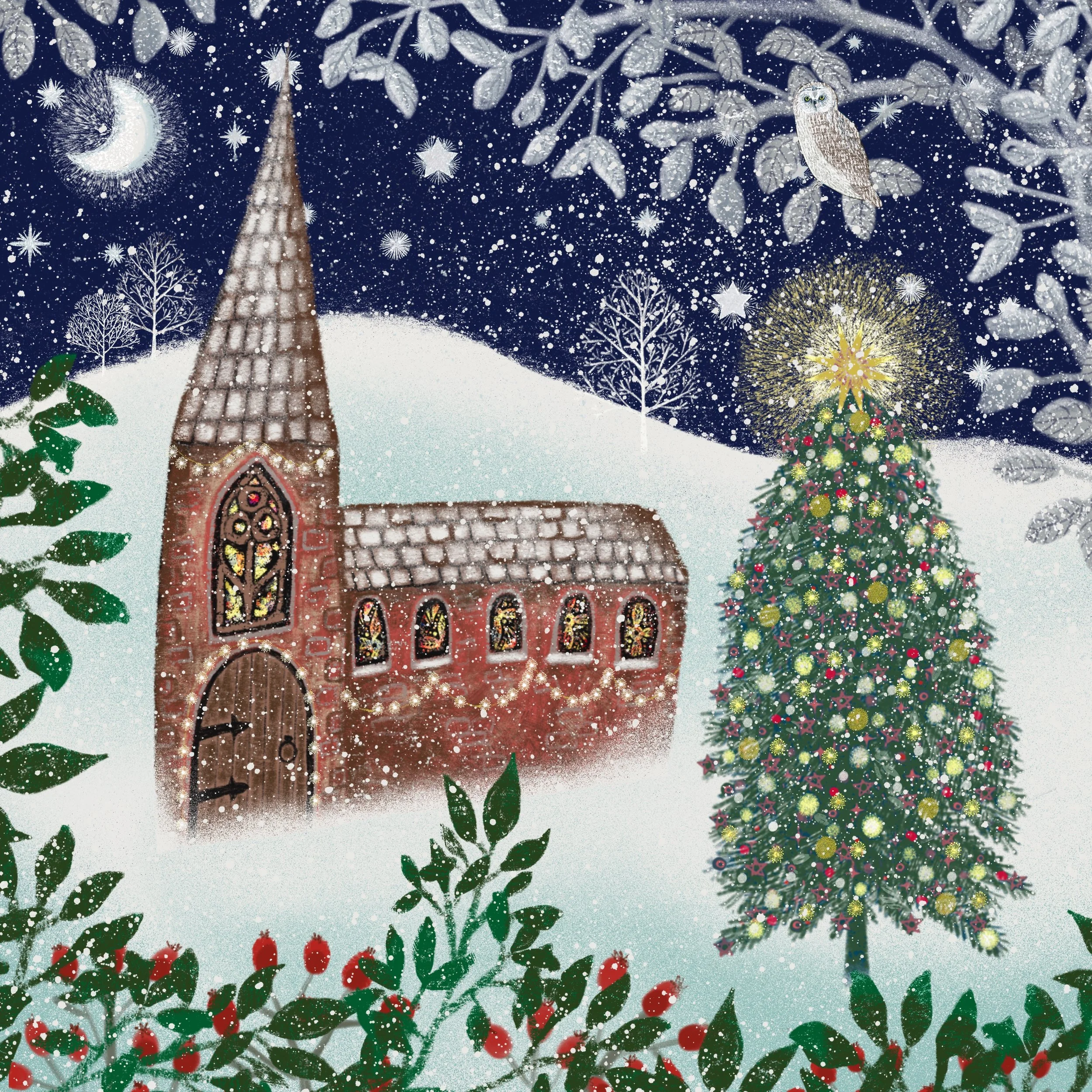A snowy winter scene featuring a decorated Christmas tree, a small church with a tall steeple, a snowy landscape with trees, a crescent moon, stars, and an owl perched on a branch.