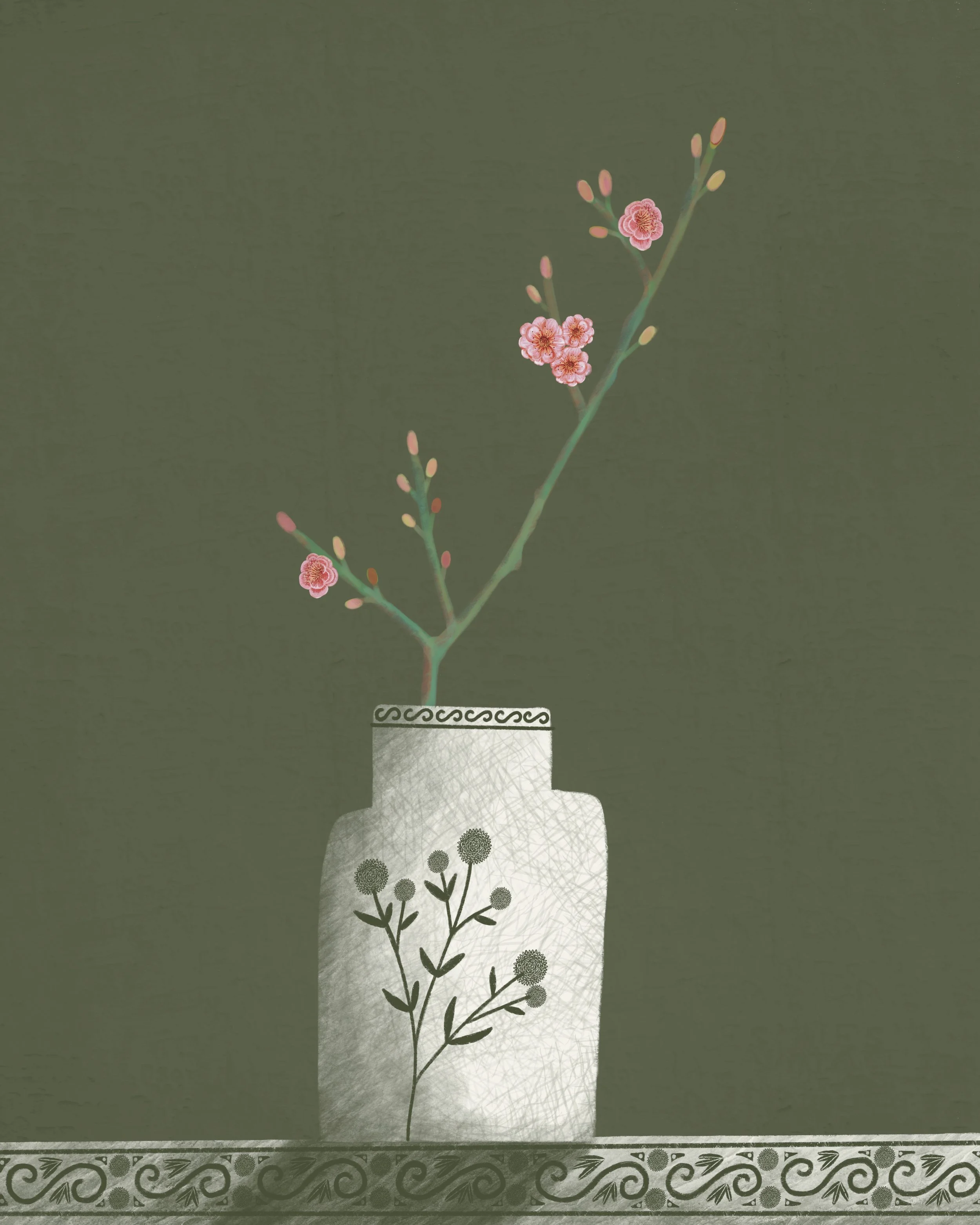 A digital illustration of a green background with a white vase containing a branch with pink flowers and buds, where the vase has a black floral pattern on top and a black and white floral illustration on its front.