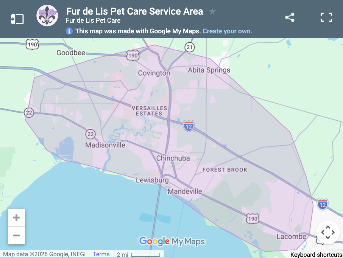 Map showing the Fur de Lis Pet Care Service Area, including Mandeville, Covington, Abita Springs, Madisonville, and Lacombe, Louisiana.