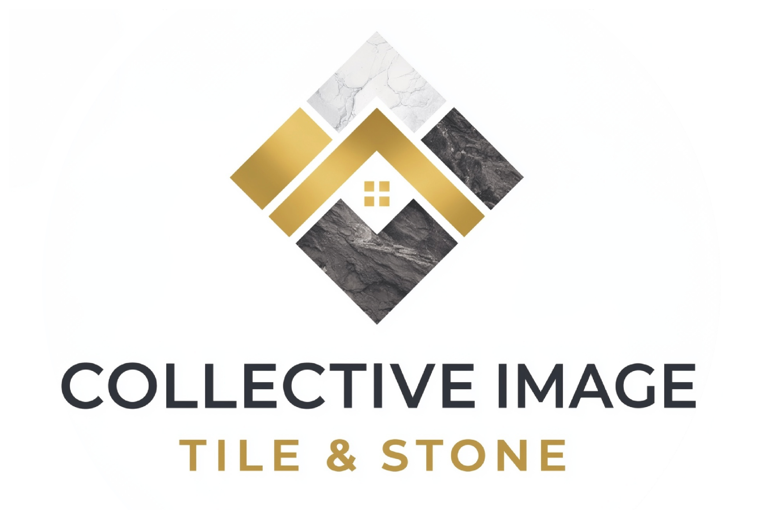Logo for Collective Image Tile & Stone featuring a diamond shape with various stone images and gold accents, along with the text 'COLLECTIVE IMAGE TILE & STONE'.
