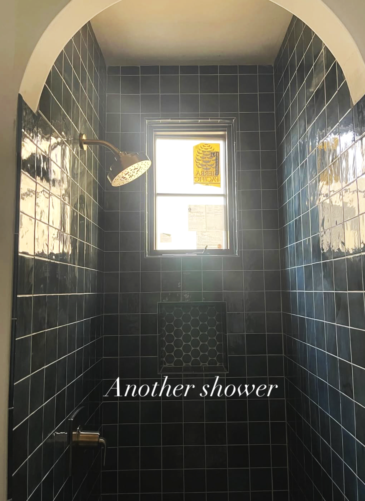 A small shower with dark tiled walls, a ceiling-mounted showerhead, a small window at the far end, and the words "Another shower" written on the image.