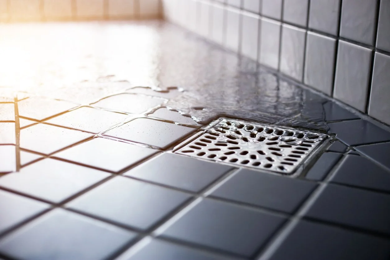 Close-up of a tiled bathroom floor with water around a drain.