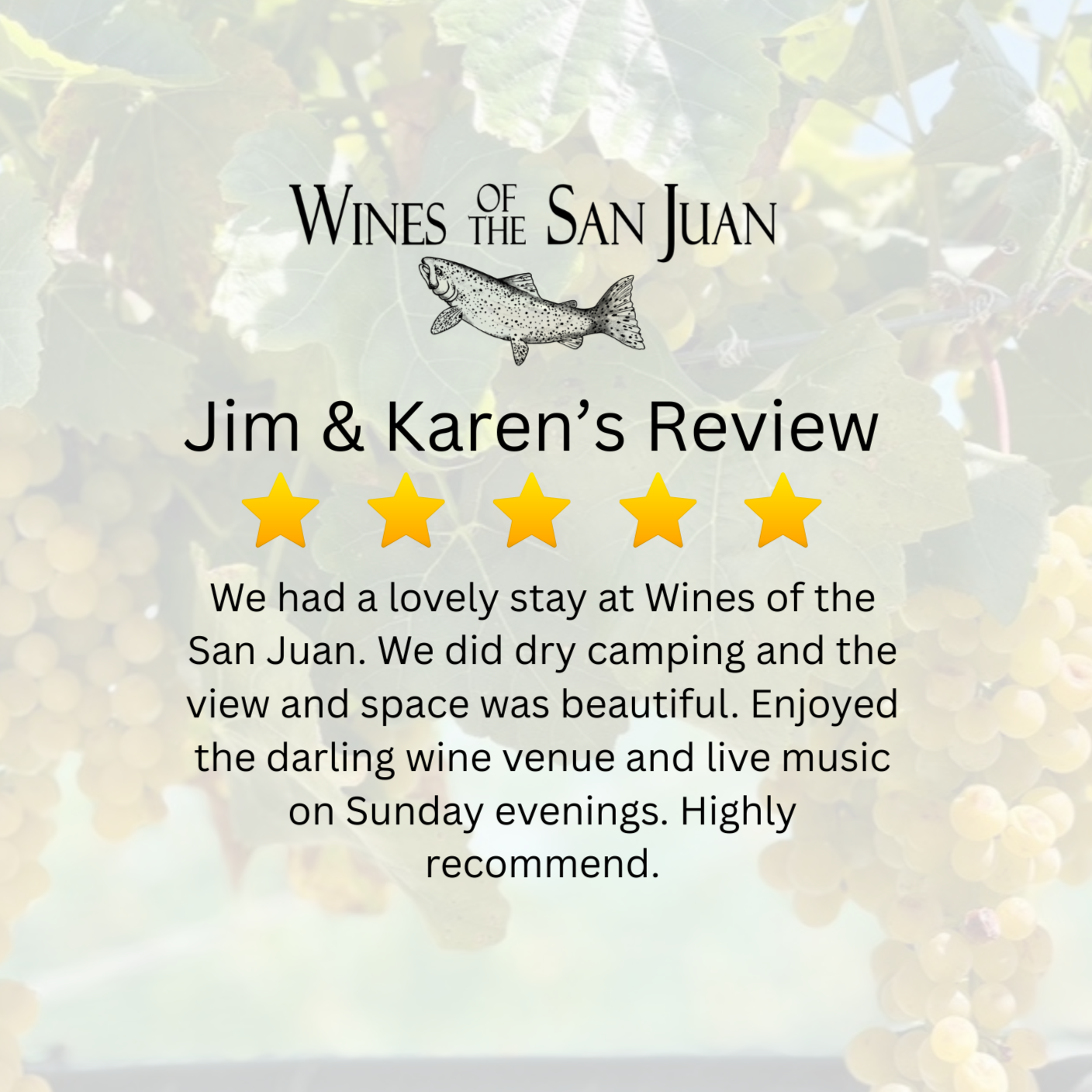 Wine review for 'Wines of the San Juan' by Jim and Karen, featuring a five-star rating and a background of grapevines.